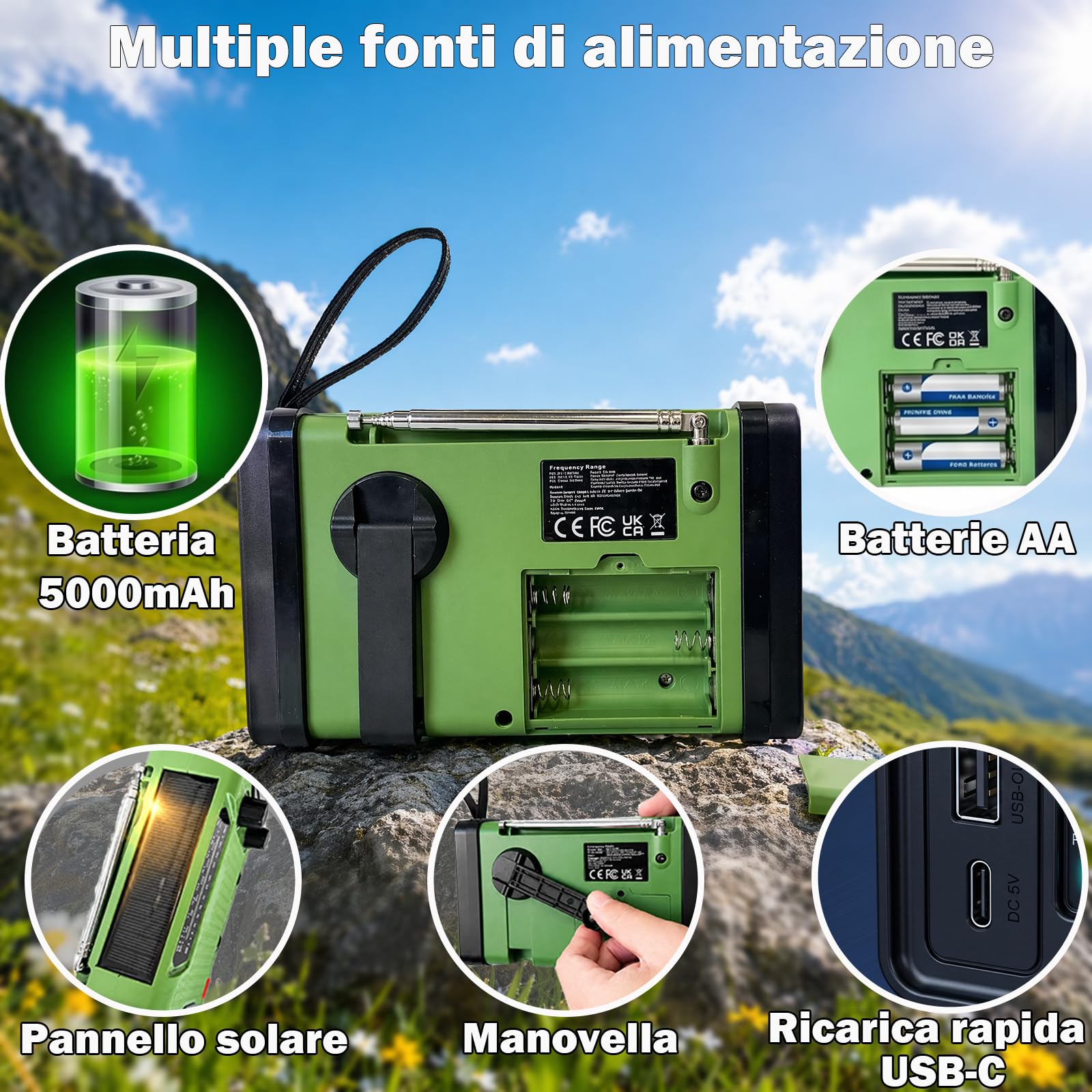 Radio Portatile di Emergenza AM/FM/SW, Radio Dinamo a Manovella con Powerbank Solare 5000mAh, Radiolina Portatile Ricaricabile con Torcia LED, Allarme SOS e Carica USB per Campeggio e Blackout