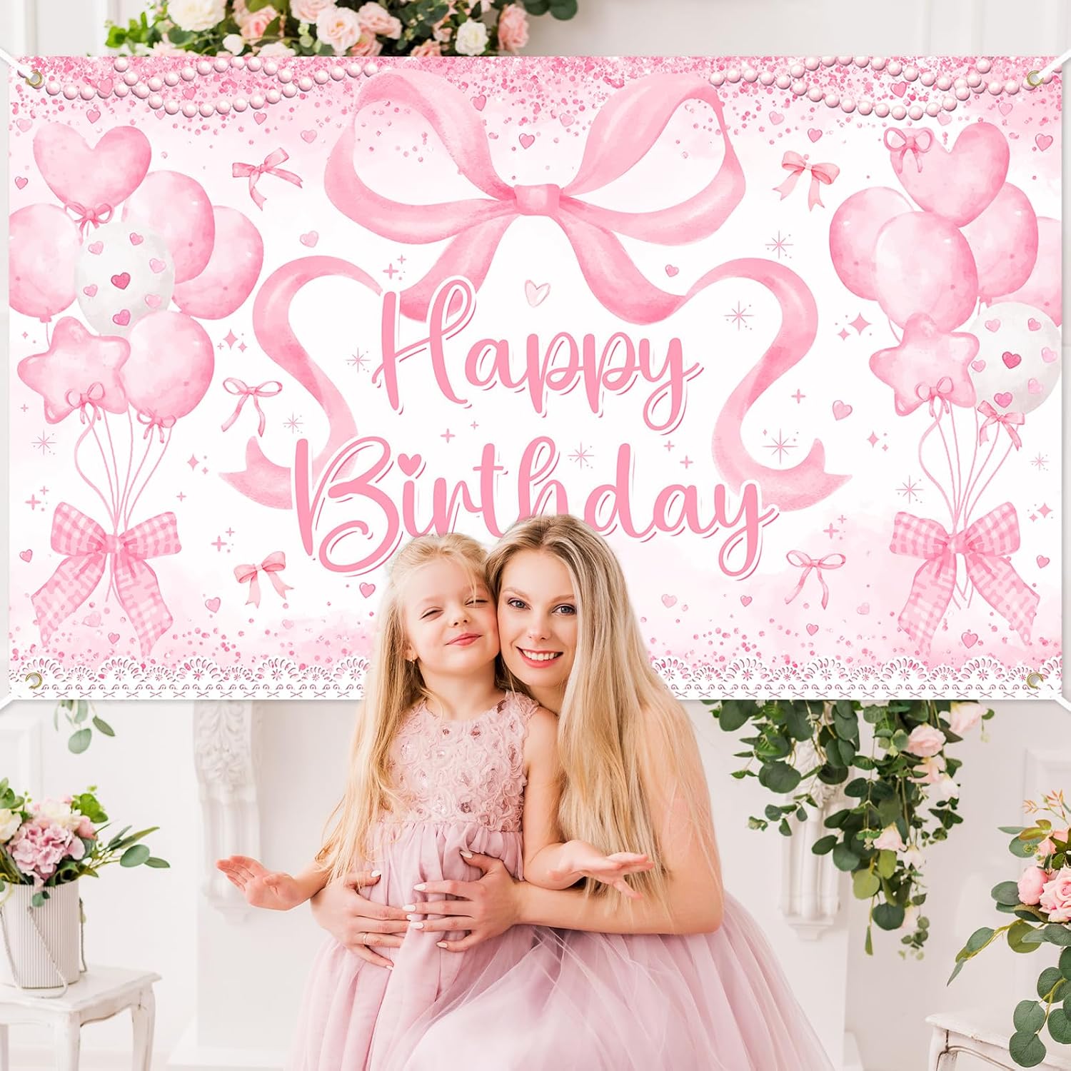 Avezano Coquette Happy Birthday Backdrop Purple Bow Birthday Party Decorations Banner Bow Birthday Decorations for Girls Women Birthday Party Supplies (Pink, 6 x 3.6 ft)