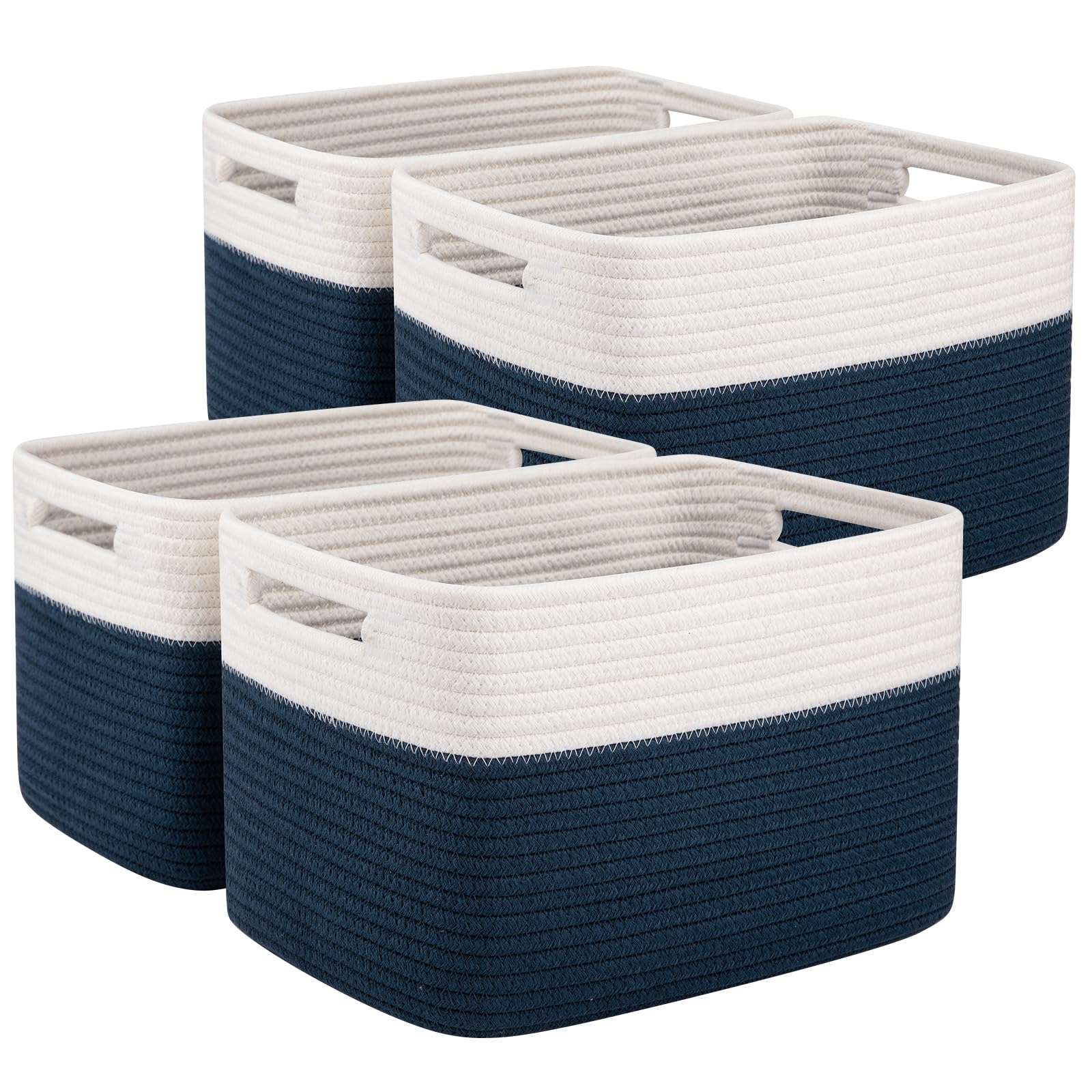 OIAHOMY 4 Pack Storage Baskets for Organizing, Basket for Shelves with Handle, Woven Baskets for Storage Toys, Towels, Books, Cotton Rope Basket 13" L x 9 " W x 7.8 " H, Blue & White