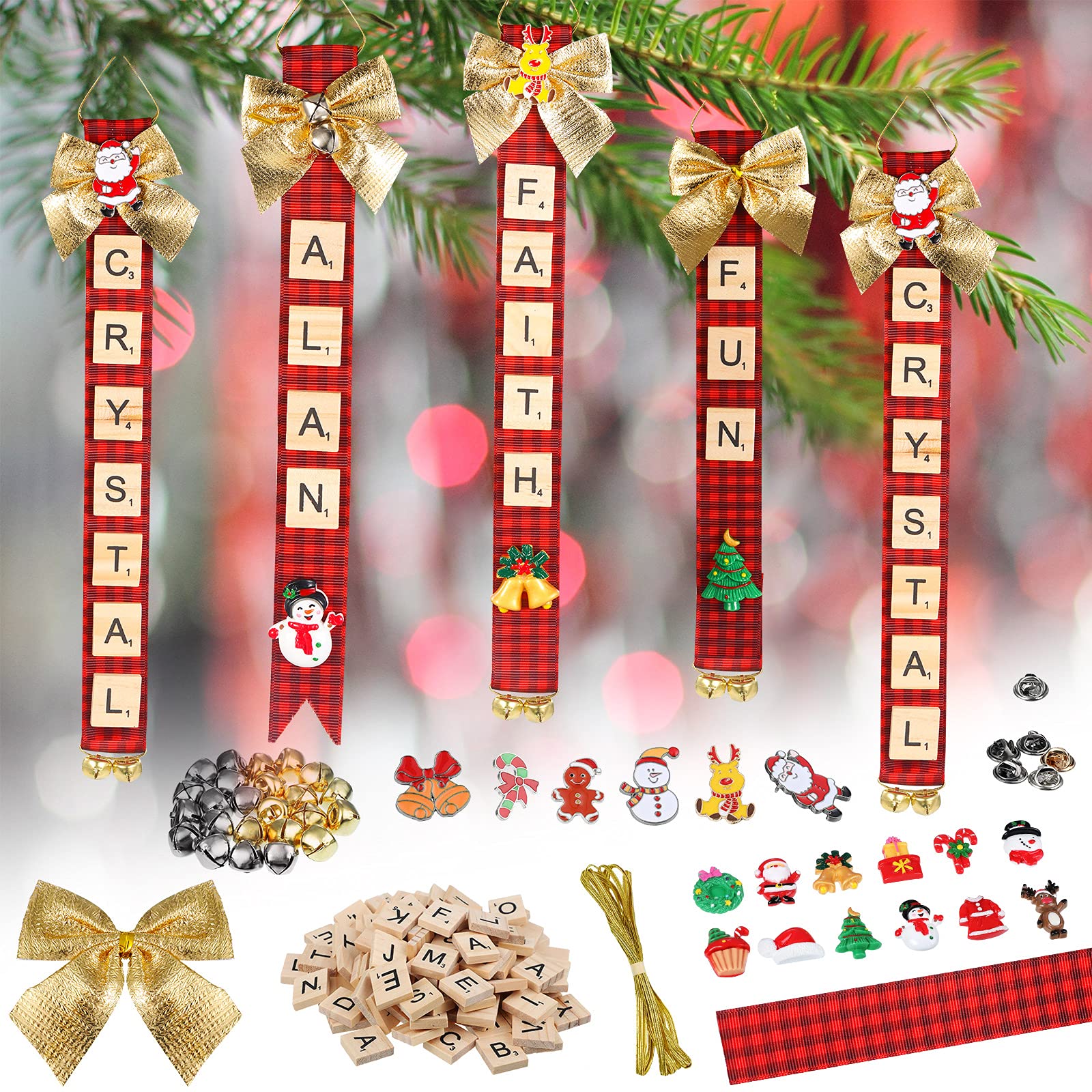 367 Pieces Christmas Ornaments Tree Decorations Personalized Christmas Crafts for Kids Adults DIY Ribbon Letter Tiles Adhesive Dot Kit Stockings Name Tags for Gifts Wreath Holiday (Stylish Style)