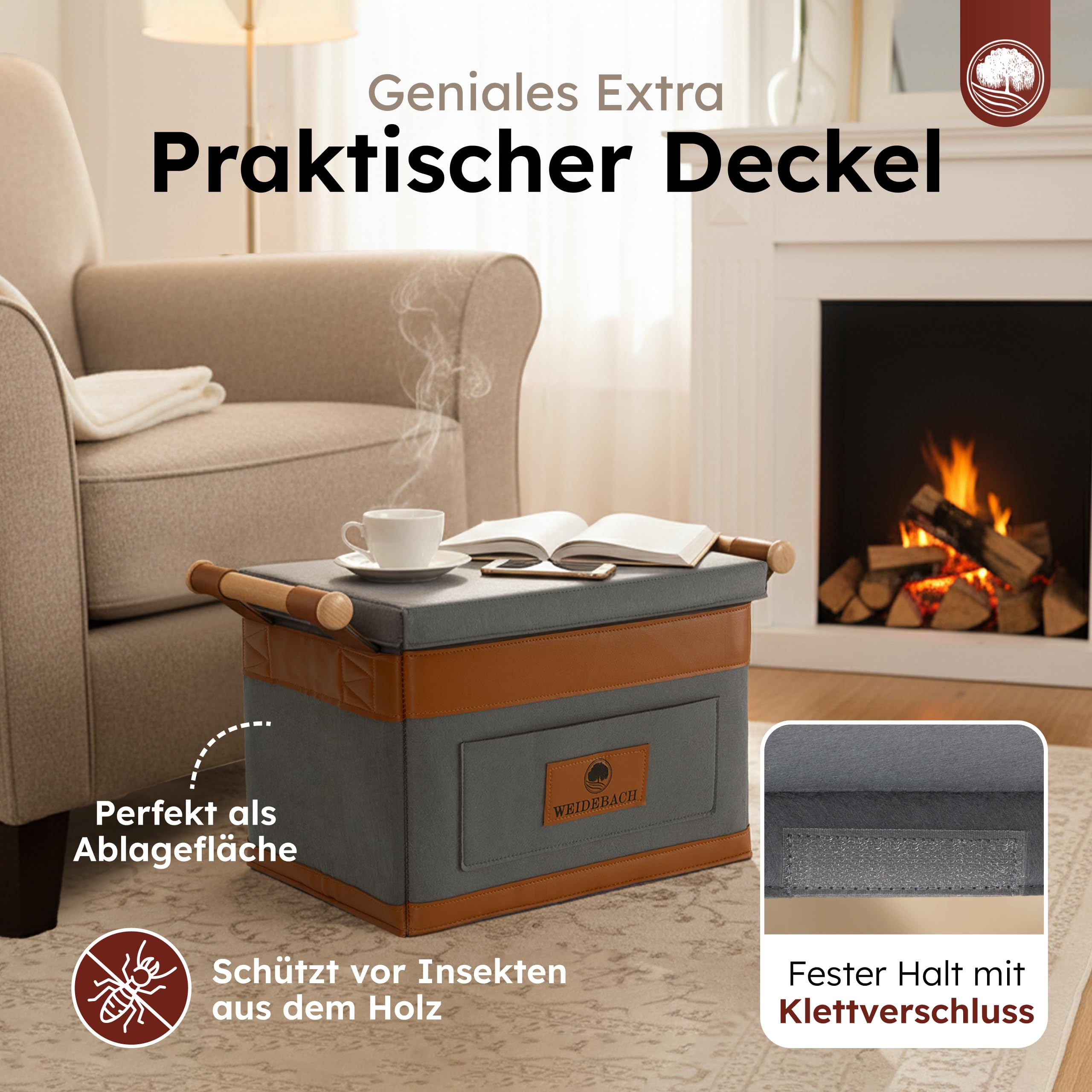 WEIDEBACH® Holzkorb für Kaminholz 35L (erweiterbar auf 50L), Kaminholzkorb grau schwer belastbar, Feuerholzkorb 40cm x 30cm x 30cm, Brennholzkorb mit rutschfestem Griff, Kaminholz Aufbewahrung