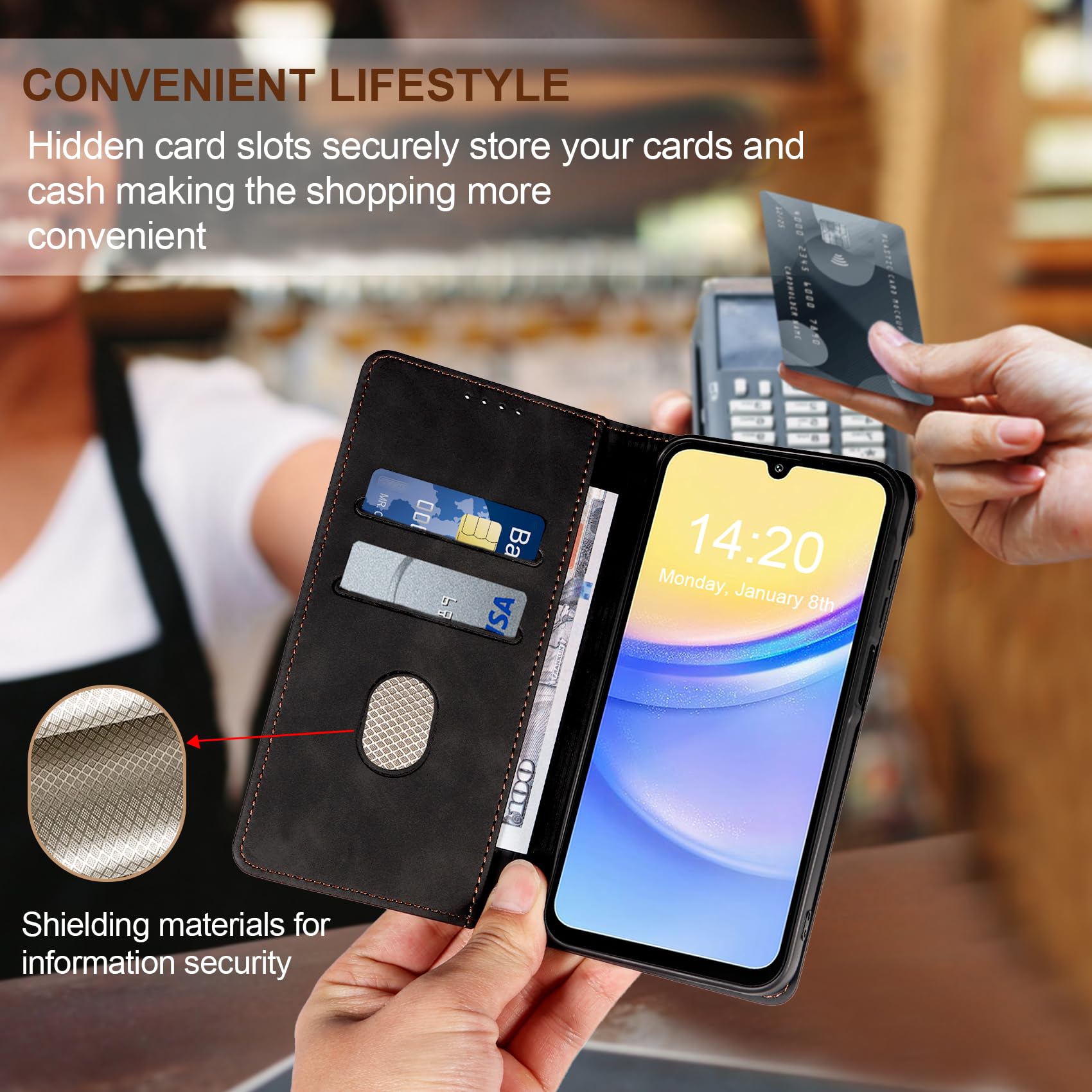 QHOHQ Cover per Samsung Galaxy A15 4G/5G + Vetro Temperato, [RFID Antifurto], Libro Custodia Portafoglio Premium Pelle PU, [Multifunzionale], Chiusura Magnetico Aletta Antiurto Case (Retrò)-Nero