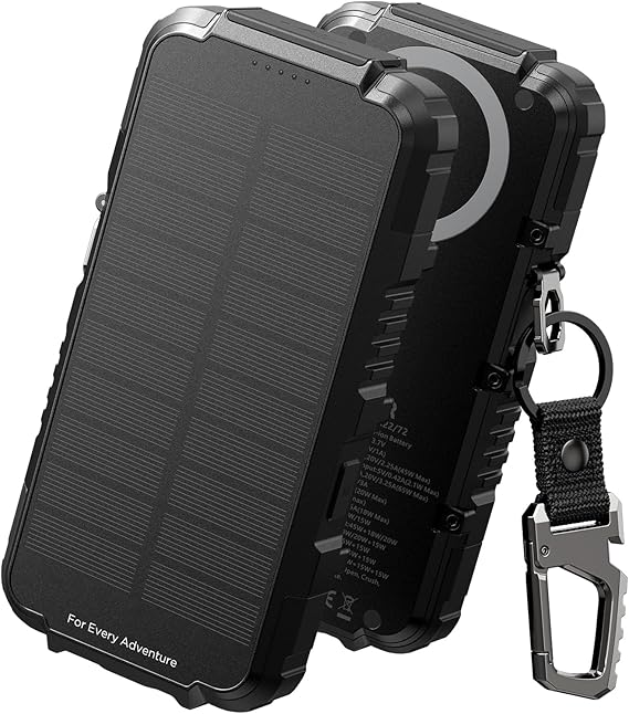 Dexnor Solar Charger Power Bank 27,000mAh, 65W PD3.0 & QC3.0 Fast Charging Powerbank External Battery Pack Portable Wireless Chargers with Flashlight and Carabiner, Compatible with MagSafe & Q...