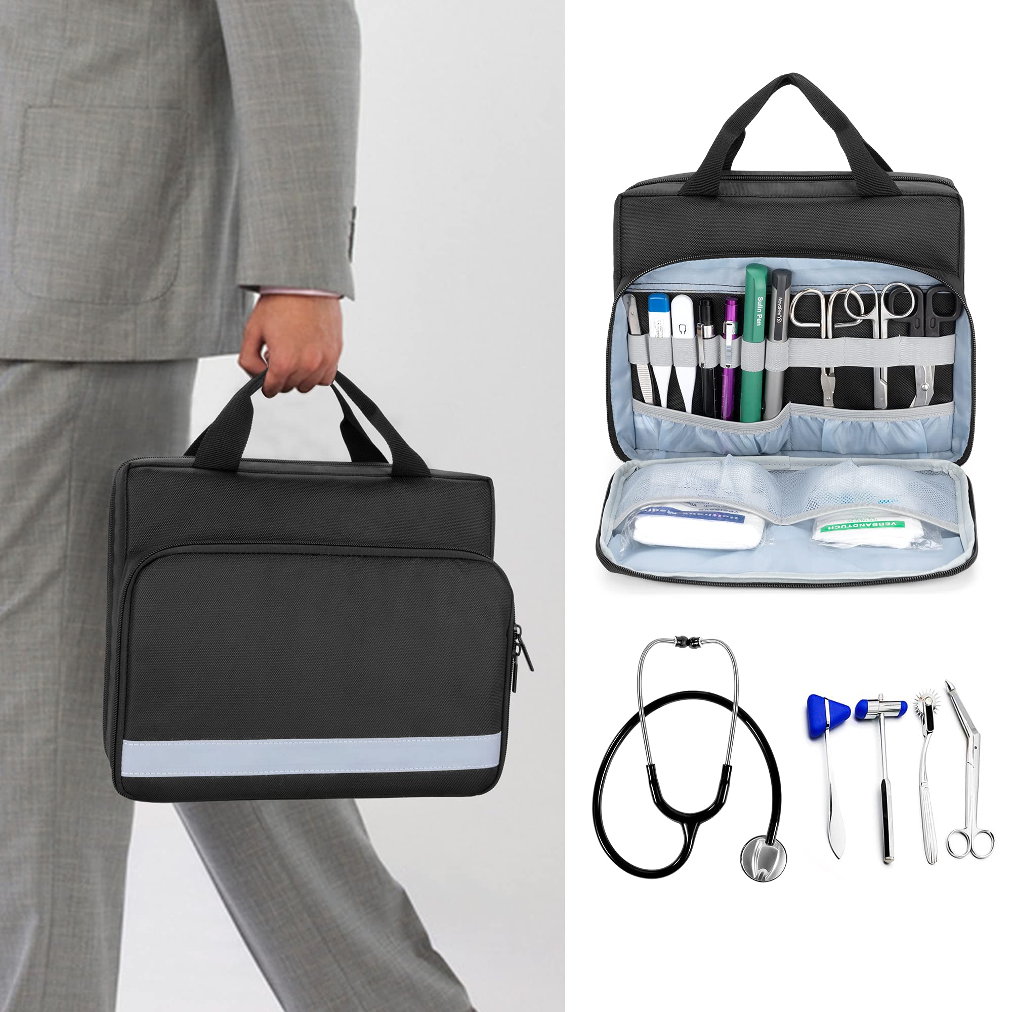 Trunab Sac Stethoscope Etui Stéthoscope, Compatible avec 3M Littmann/MDF/ADC et Autres Accessoires, Trousse Premier Secours Vide, Trousse Pharmacie avec Plusieurs Pochette, Noir
