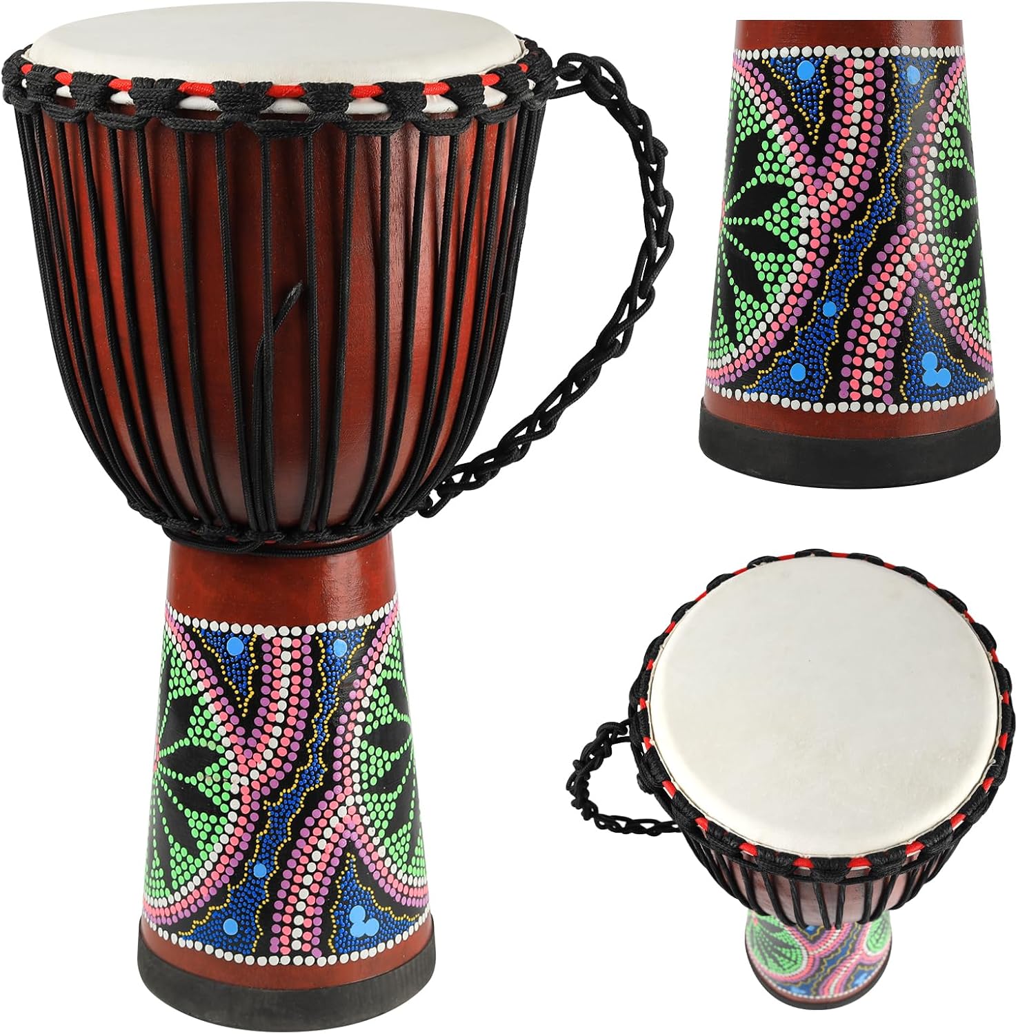 Wood Djembe Drum, 12'' x 23.5'' Carved Mahogany African Drums with Goatskin Drumhead, West African Styled Professional Djembe Hand Drum Musical Instrument for Adults Beginners