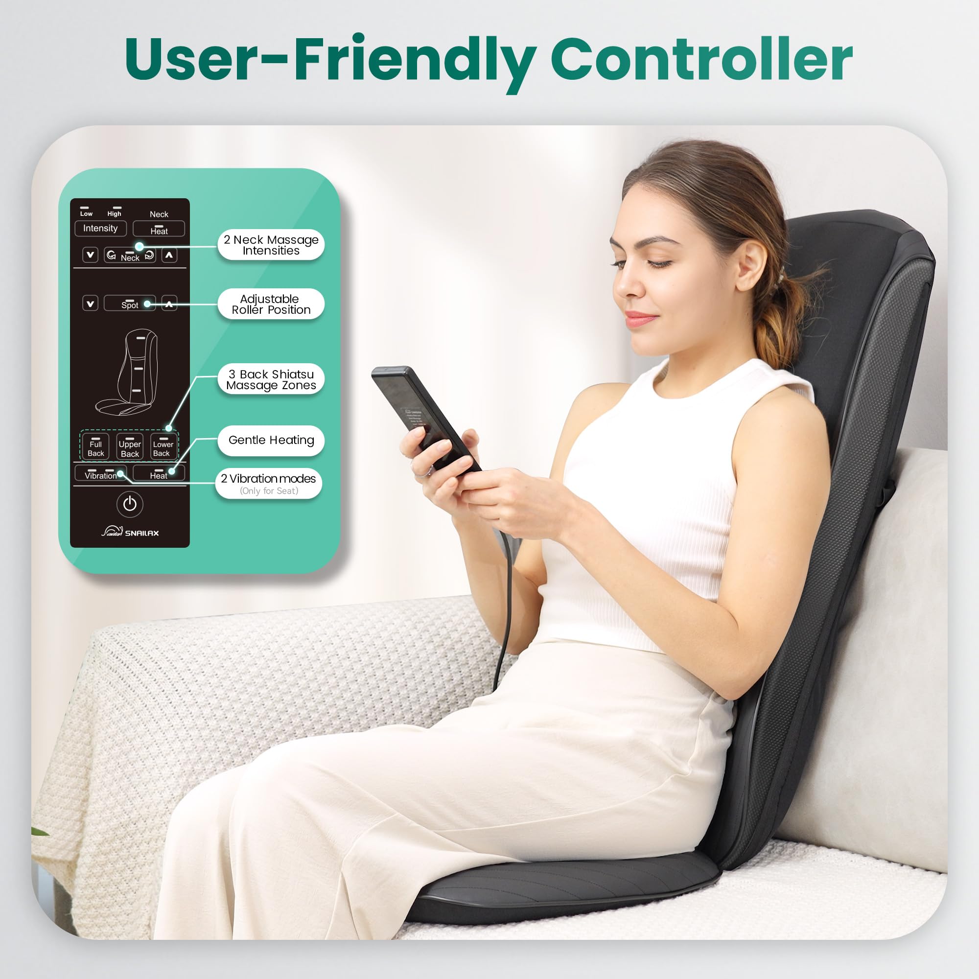 Snailax Asiento de Masaje Shiatsu Mejorado para Masaje de Cuello y Espalda, almohada de masaje para espalda/cuello/hombros, masajeador de espalda con masaje vibratorio, regalo para hombres y mujeres