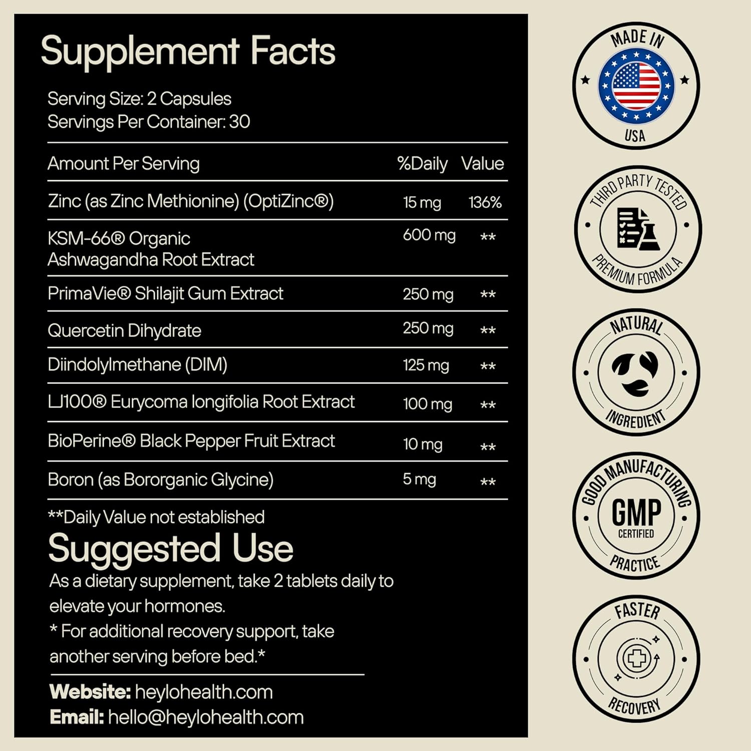 Heylo Man UP Men’s Vitality Supplement with Ashwagandha, Shilajit, Zinc, Tongkat Ali, DIM, Quercetin & BioPerine – Supports Energy, Hormone Balance & Stress – 60 Capsules - Image 3