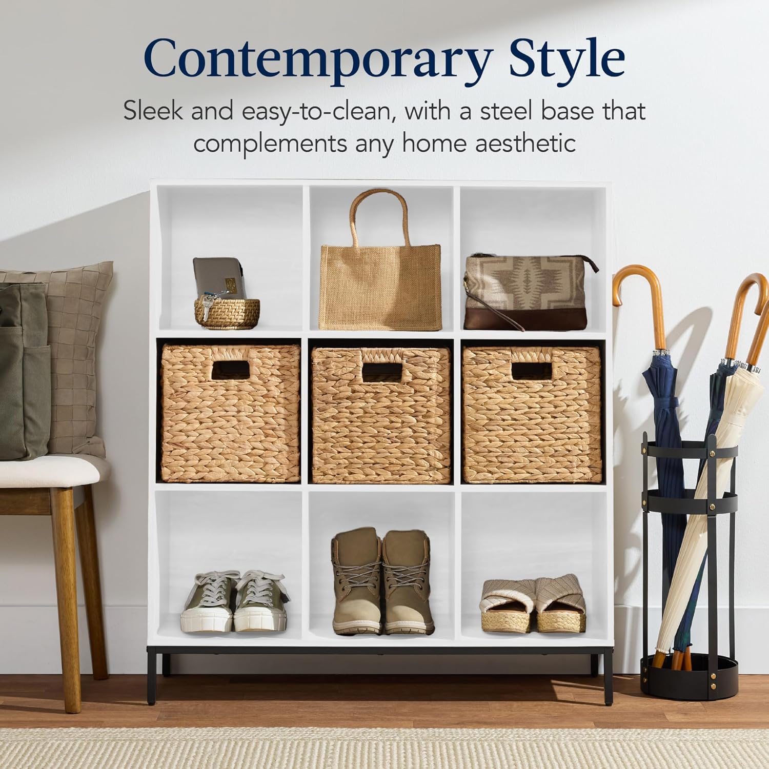 Condition photo showing New/Like New for best choice products 9-cube bookshelf, 3-tier wood storage bookcase w/legs, 11in shelf opening, cube organizer, living room, office, nursery - white 9-cube, 11in shelf opening, w/ legs white