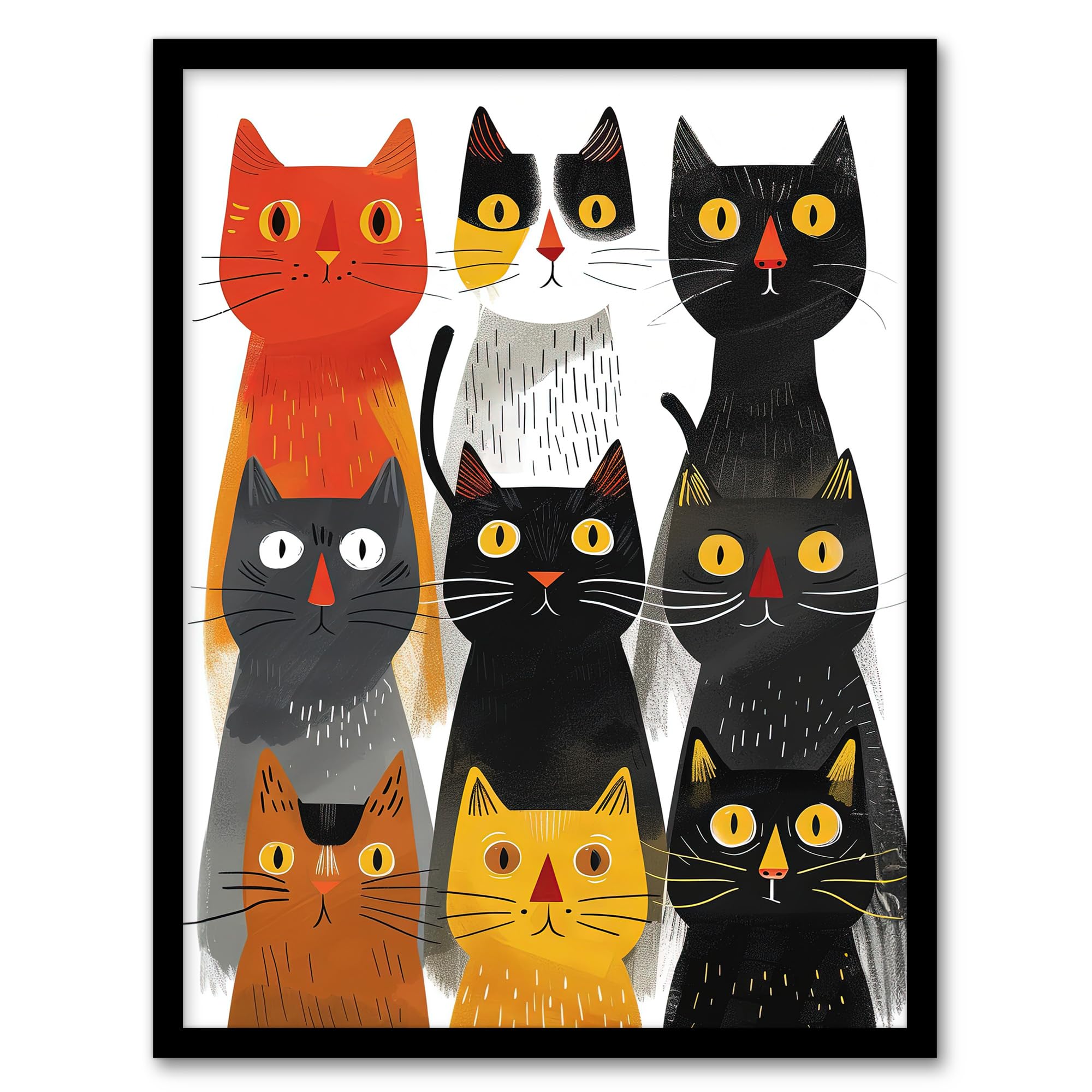 Artery8 Nine Cats 9 Quirky Fun Animals Cat Lover For Living Room Artwork Framed Wall Art Print A4