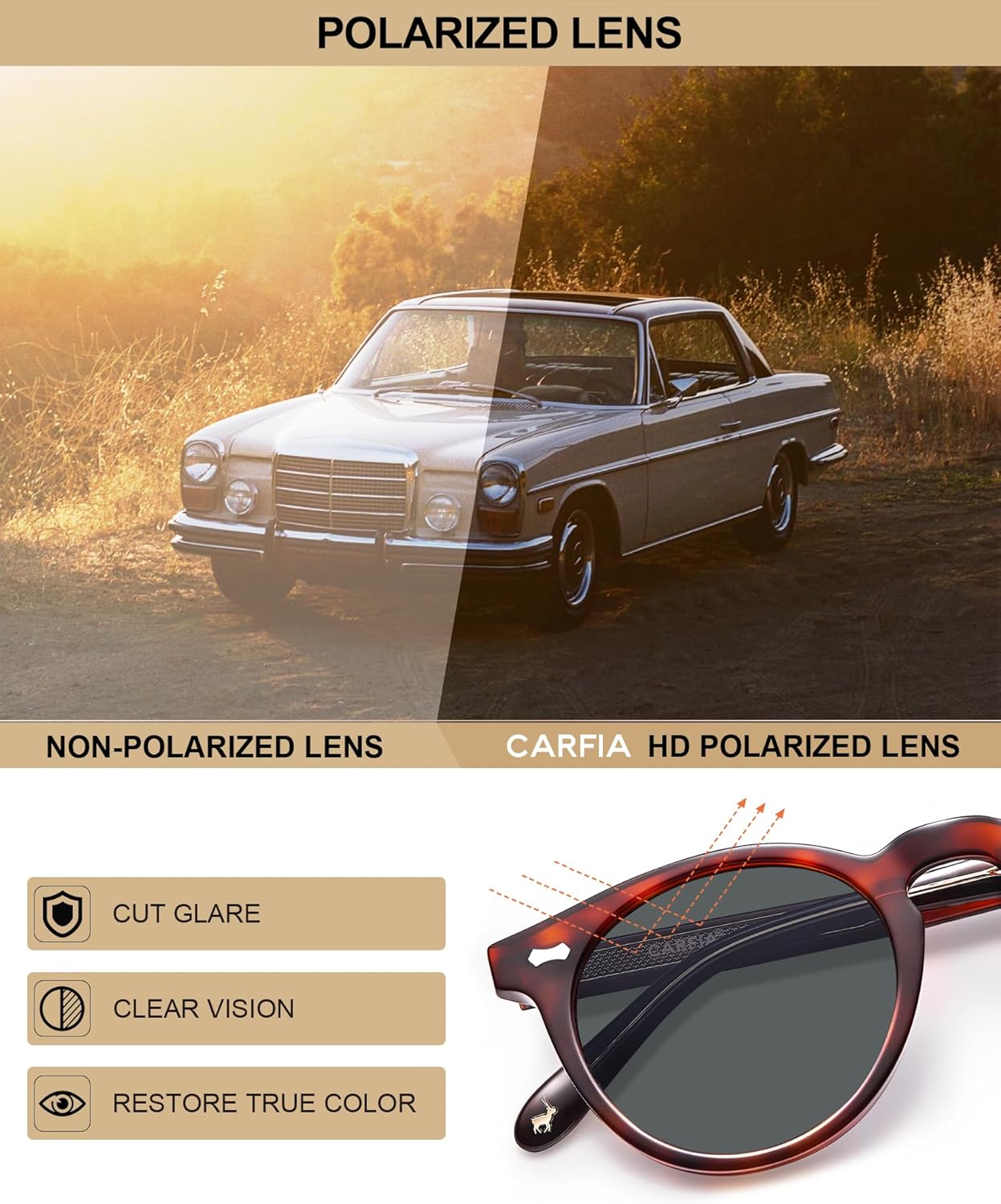 CARFIA Retro Acetate Polarized Sunglasses for Men UV Protection, Vintage Round Frame Eyewear with Gold Filigree CA5506 - Image 9