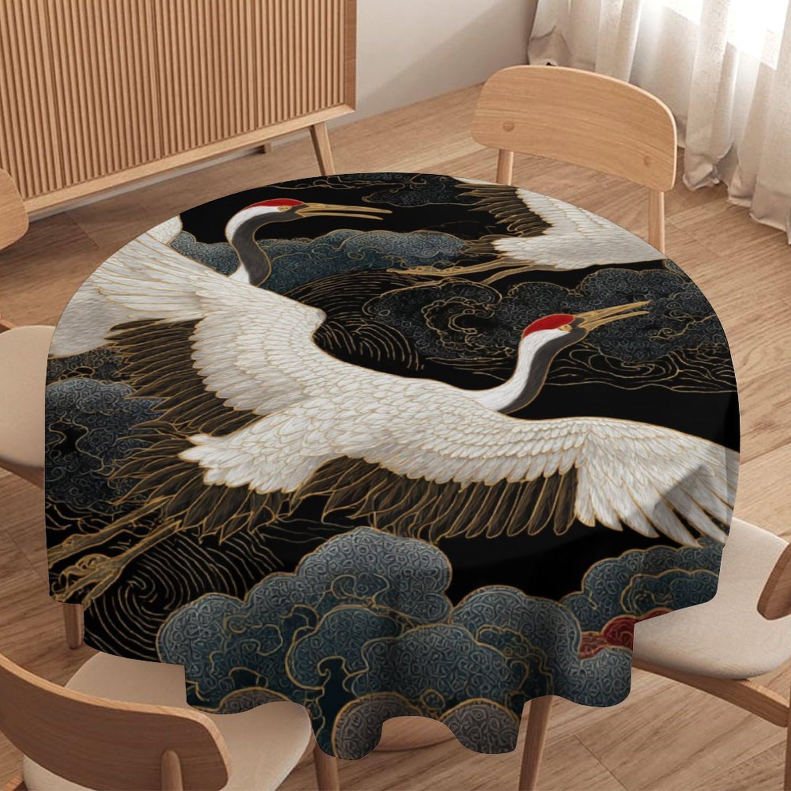 LUYYSKY Beautiful Classic Bird Crane Round Tablecloth Retro Japanese Aesthetic Animal Crane Cloud Oceam Waves Print Washable Decor for Table Cover for Kitchen-177.8" Wx177.8 L cm