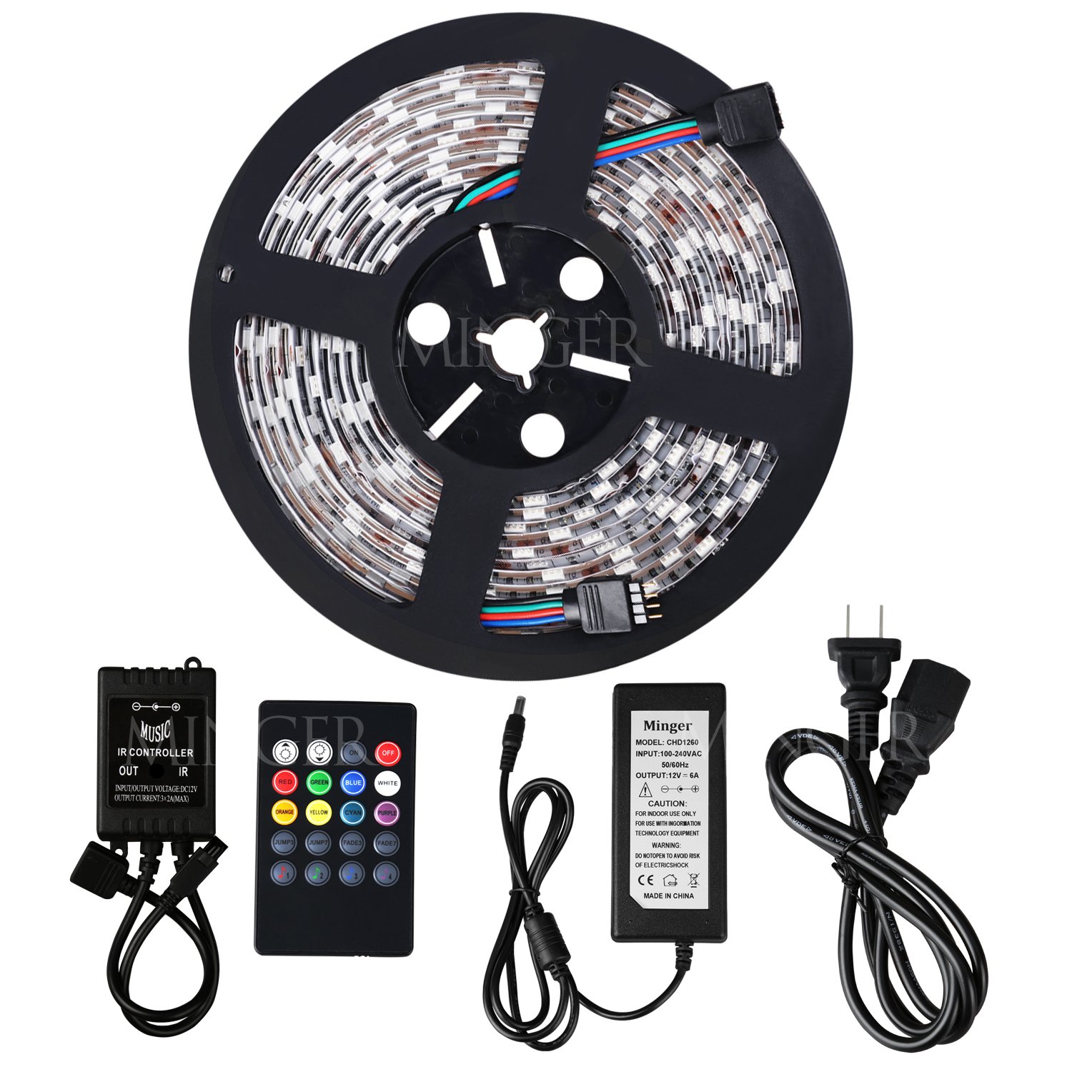 Minger Waterproof Music LED Strip Light 16.4ft 300leds RGB SMD 5050 Color Changing with 20-Keys IR Music Remote Controller & 6A 12V Power Supply for Home, Kitchen, Indoor & Outdoor Use