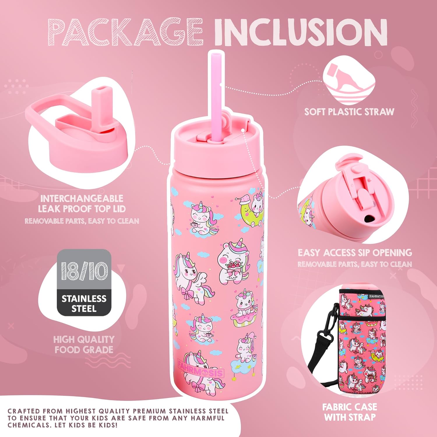 18 OZ Kids Water Bottle with Carrier Bag & Strap Leak Proof Metal Insulated Stainless Steel Tumbler with 2 Lids (Flip & Spout) for School & Sports Water Bottle with Straw - Pink (Unicorn) - Image 2