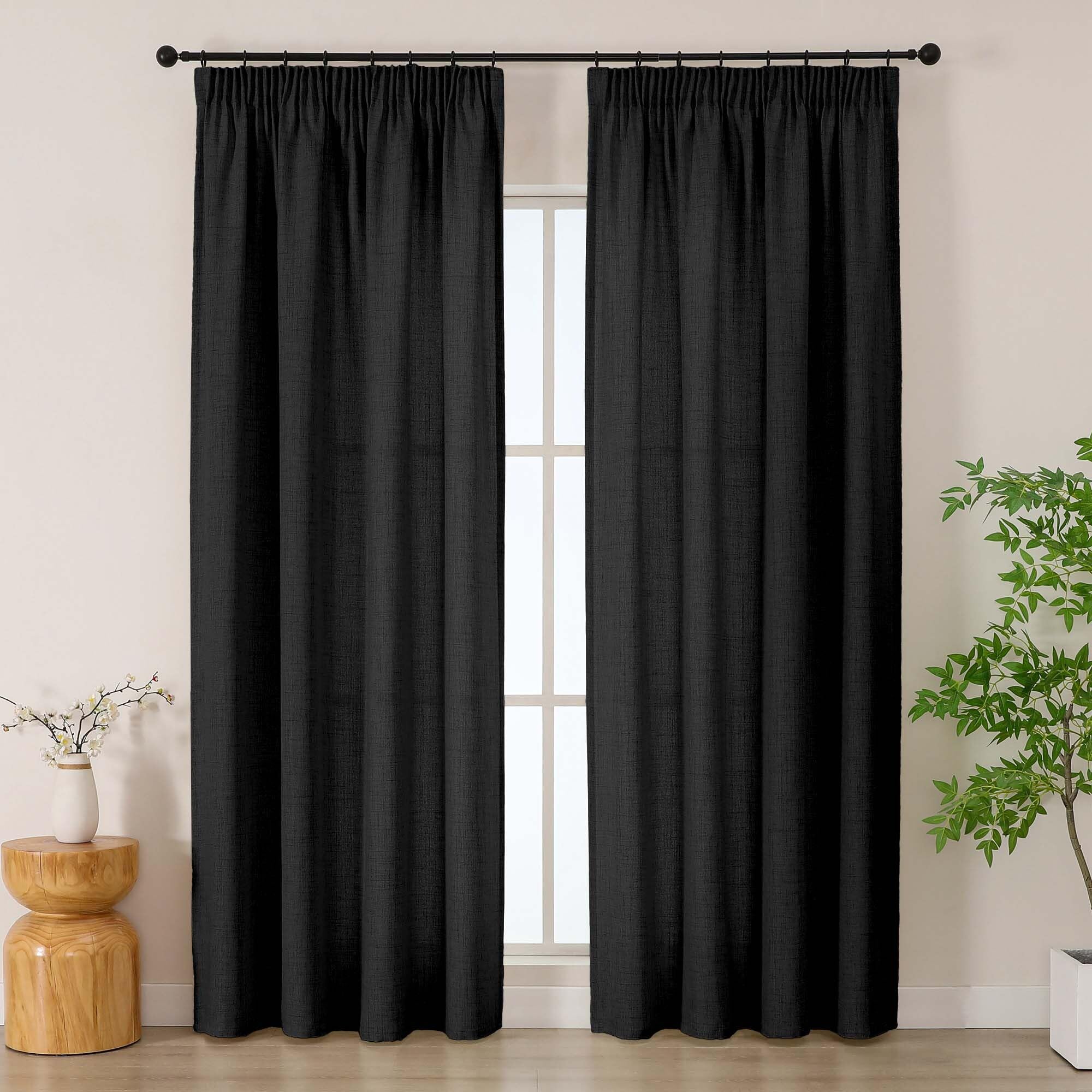 Simplebrand Black Curtains 220 Long 2 Panels Set, Faux Linen Textured Semi Light Filtering Soft Airy Farmhouse Window Curtain Drapes for Living Room Bedroom,Black, Each 140Wx220L