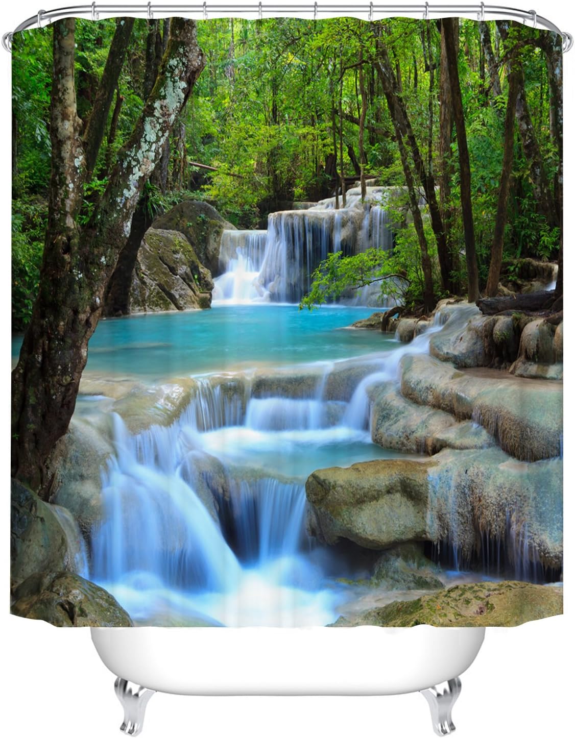 Waterproof Polyester Fabric Bathroom Shower Curtain, Qile Mildew-Resistant Anti-Bacterial 3D Digital Printing Pattern Shower Curtains with 12 Ring Hooks, 180 x180cm (Natural Landscape 3D Waterfalls)