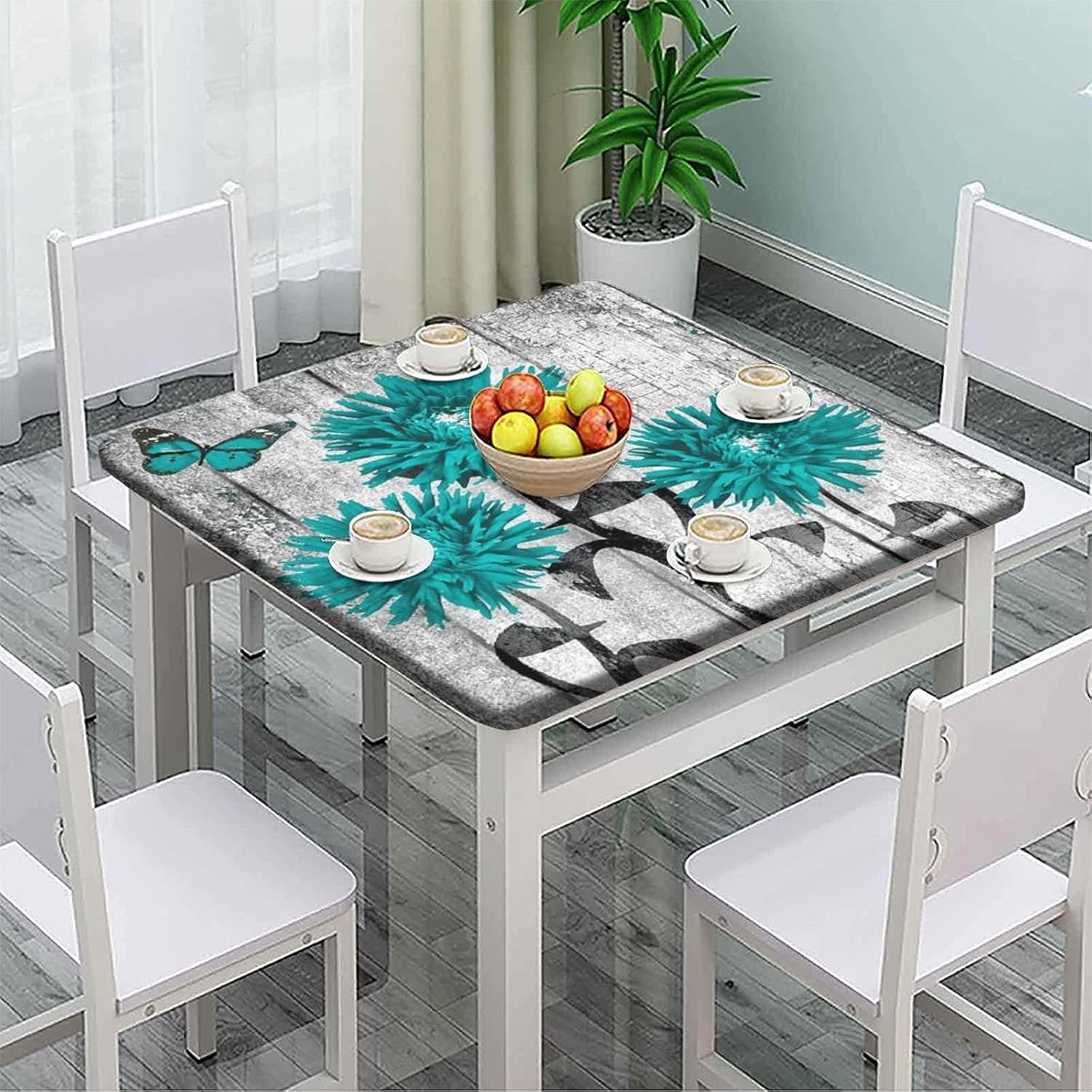 Teal Daisy Butterfly Square Tablecloth, Vintage Elastic Edged Table Cover, Rustic Farmhouse Pastoral Fabric Table Cloth for Kitchen Coffee Restaurant Outdoor Dining, Fit for 40" x 40" Square Table
