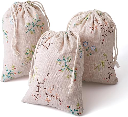 Miniatura 7 de KISSITTY 50 bolsas con cordón impreso con patrón de flores, bolsas de embalaje de regalo, bolsas de almacenamiento de tela para regalos de joyería,