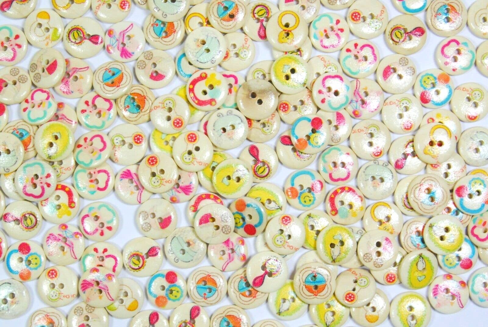 celloexpress Printed Wooden Buttons - Unique Childrens Cartoon Designs for Sewing & Embroidery (Baby Type 1-36mm, Pack of 100)