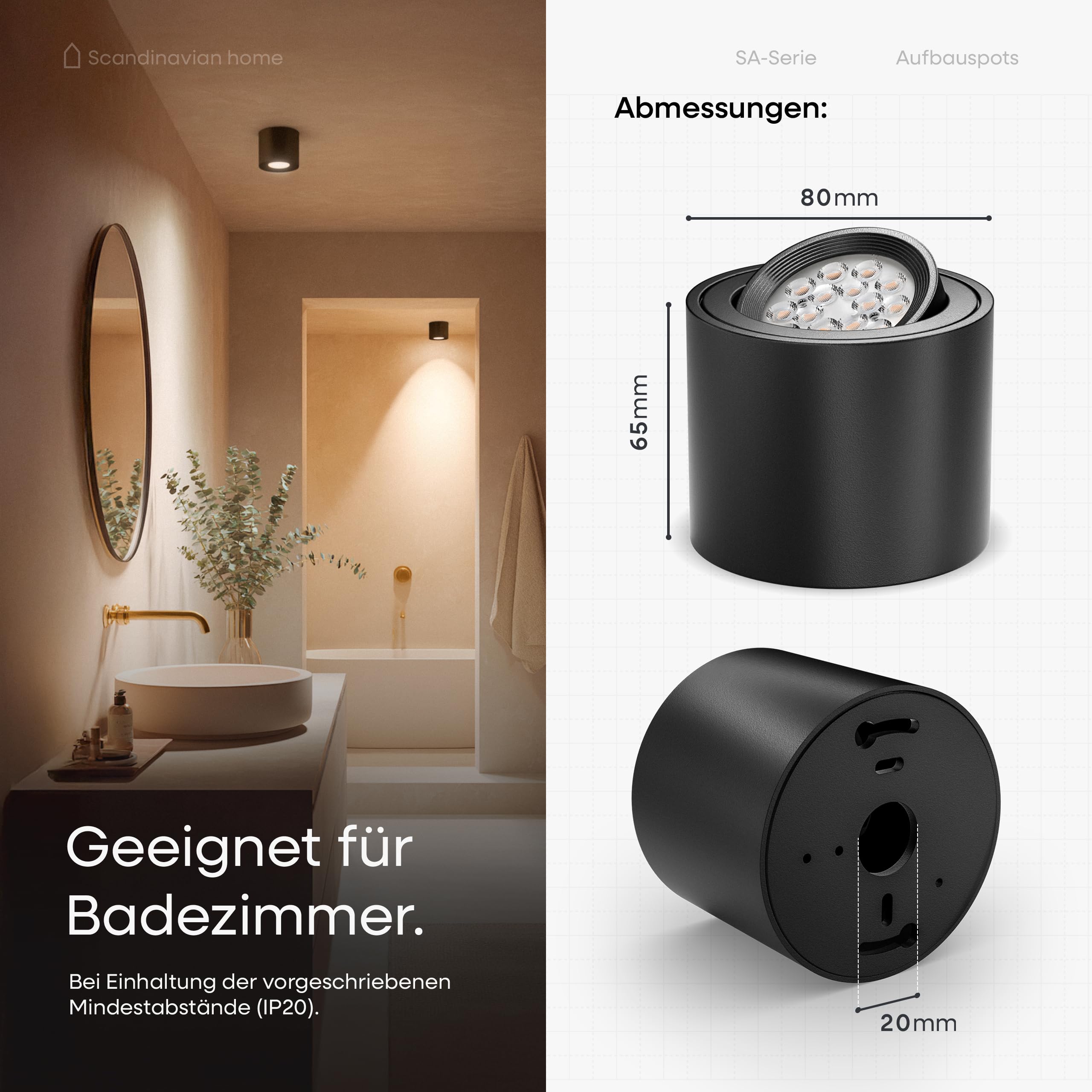 Scandinavian Home LED Aufbauspot 6er Set 230V Dimmbar Warmweiß 3000K 470lm CRI 90+ Deckenspots Aufputz Ø80x65mm Schwarz