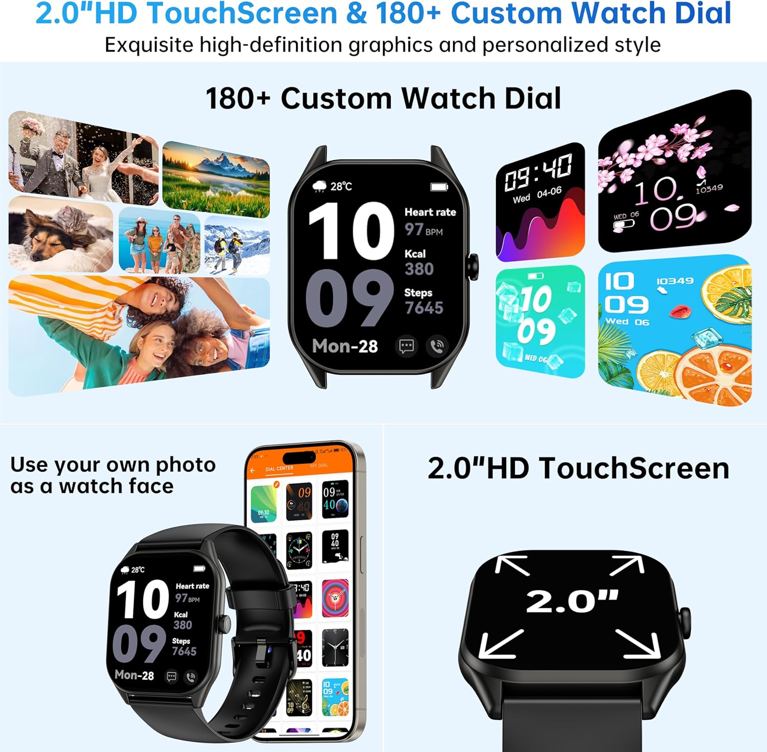 Smart Watch for Men Women, 2.0" HD Touchscreen Fitness Tracker, Bluetooth Calls/Notifications, IP68 Waterproof, 100+ Sport Modes Fitness Watch, Heart Rate Sleep Monitor Smartwatch for Android iOS - Image 2