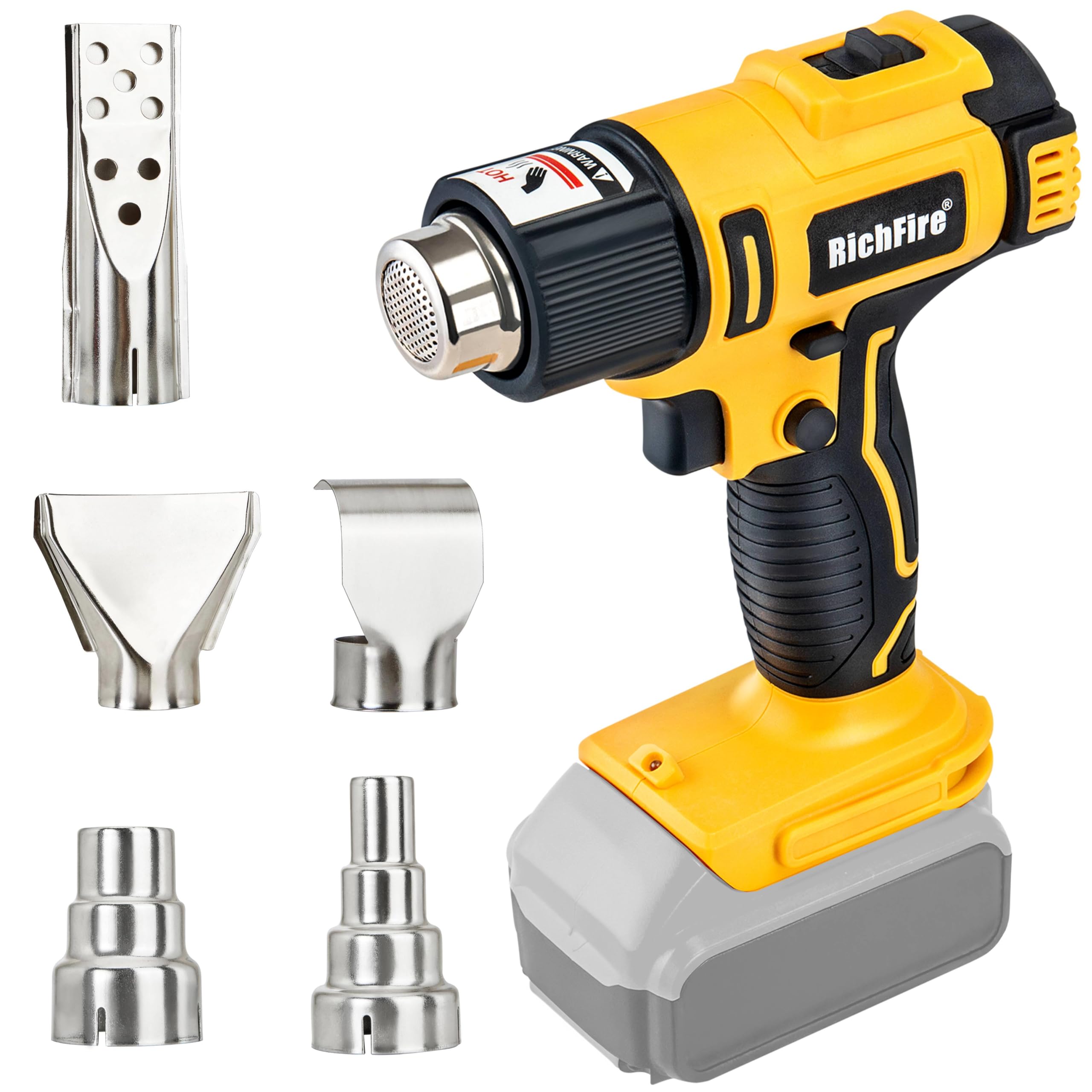 Pistola de calor inalámbrica, 350 W, 300 °C - 550 °C, calentamiento rápido, pistola de calor para batería Dewalt de 20 V, 5 boquillas para doblar tuberías, PVC retráctil, pelar pintura (solo