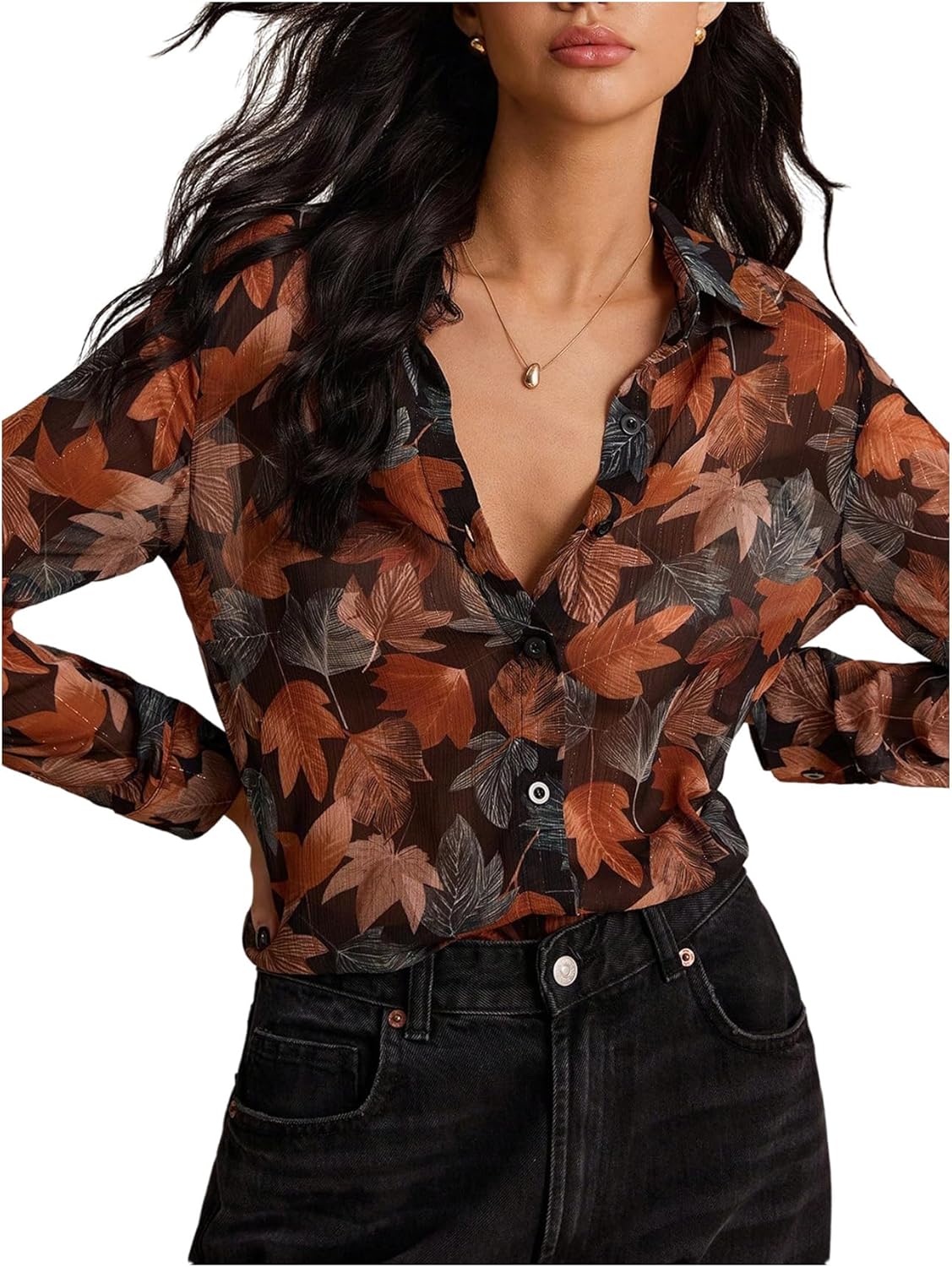 SweatyRocks Women's Floral Print Button Down Blouses Long Sleeve Sheer Mesh Dressy Casual Tops Work Shirts - Image 2