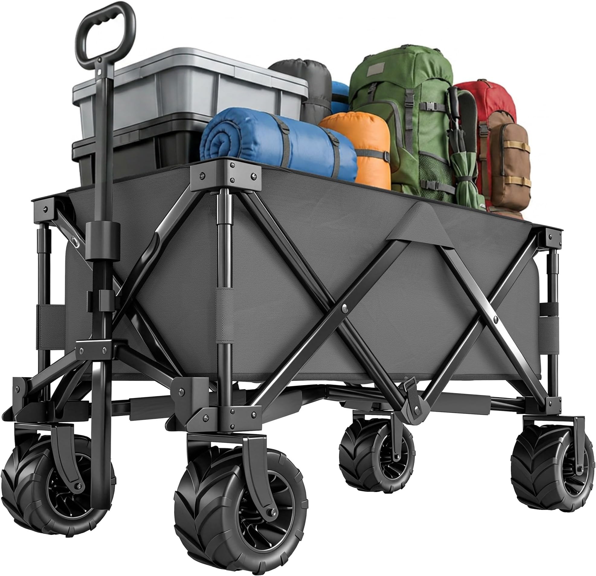 Outsunny 205L Festival Trolley on Wheels, Folding Camping Trolley Cart with Telescopic Handle, Beach Cart with Wide Big Wheels for Outdoor Garden Fishing, Dark Grey