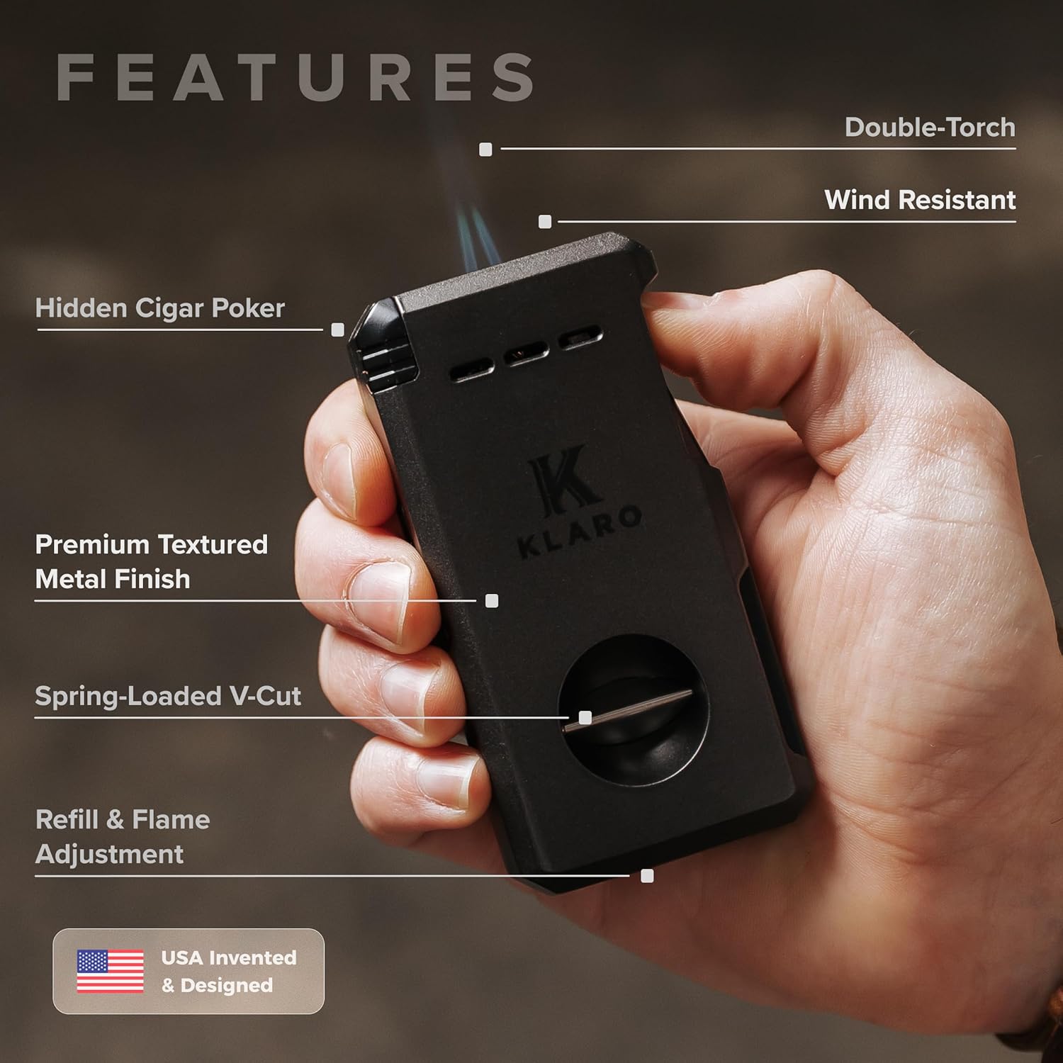 KLARO Double Torch Lighter and V-Cut Cutter, Spring-Loaded V-Cut, Swivel Protective Flame Cover, Hidden Poker, Gift-Ready with Silicone Sleeve, Black Finish, Lighter for Men