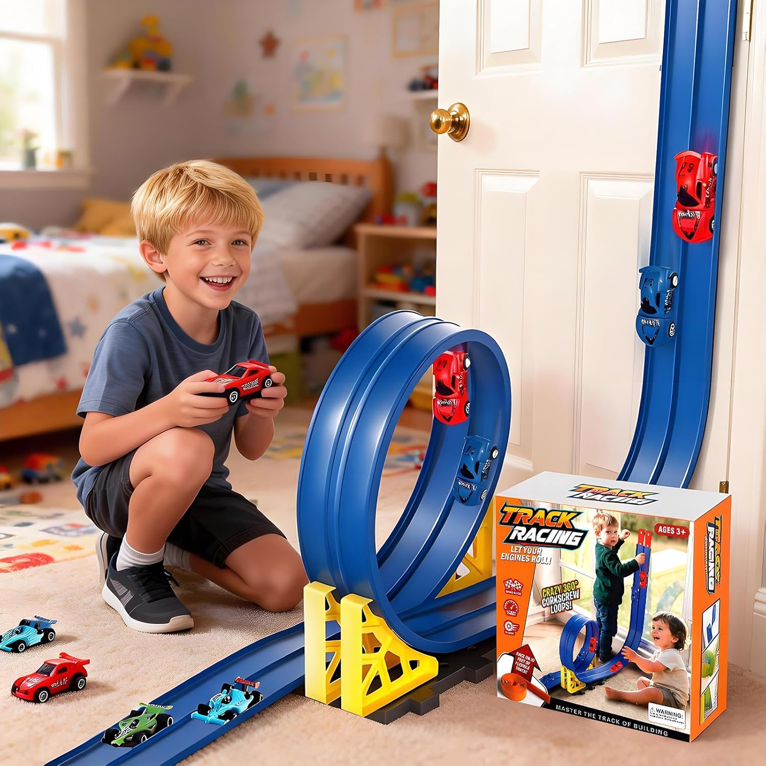 16ft DIY Flexible Toy Car Track, Window Wall Stunt Racetrack, Suction Cups & Stabilizer Clips, 4 Diecast Cars Included, Loop Turns, Plays Longer Than Short Tracks, Easy Roll-Up Gift Box, 4-8 Year Old
