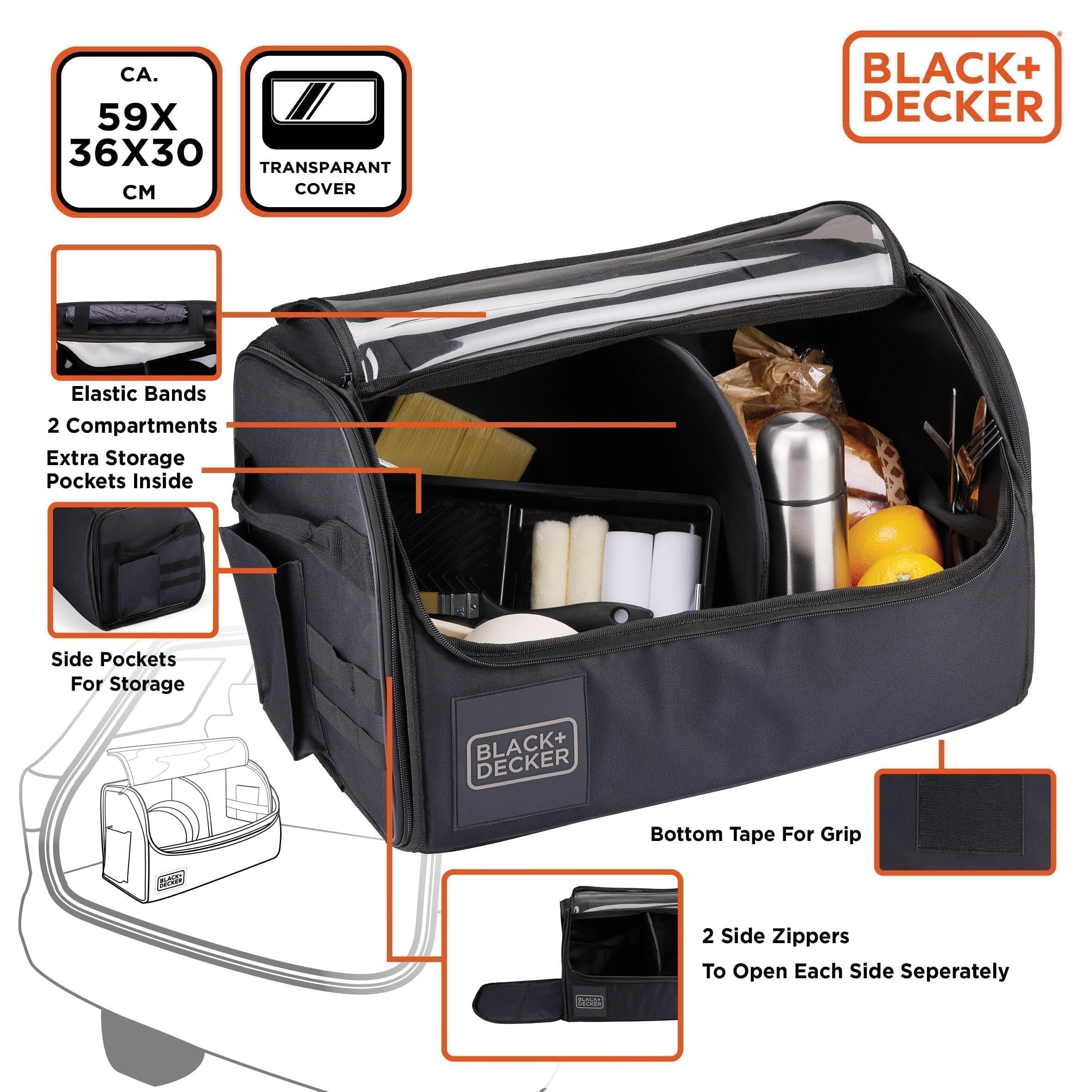 BLACK+DECKER Organizer do bagażnika – torba do bagażnika z przezroczystą pokrywą – 2 główne i kilka kieszeni bocznych – powierzchnia antypoślizgowa – poliester – czarny