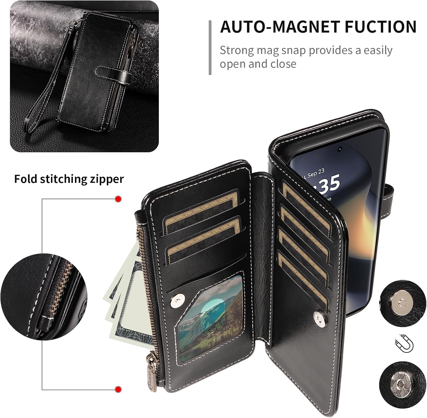 Asuwish Phone Case for Motorola Edge 5G 2024 Cover with Tempered Glass Screen Protector and Lanyard Zipper Wallet Card Holder Slot Stand Mobile Cell Accessories Moto Edge2024 Women Men Black