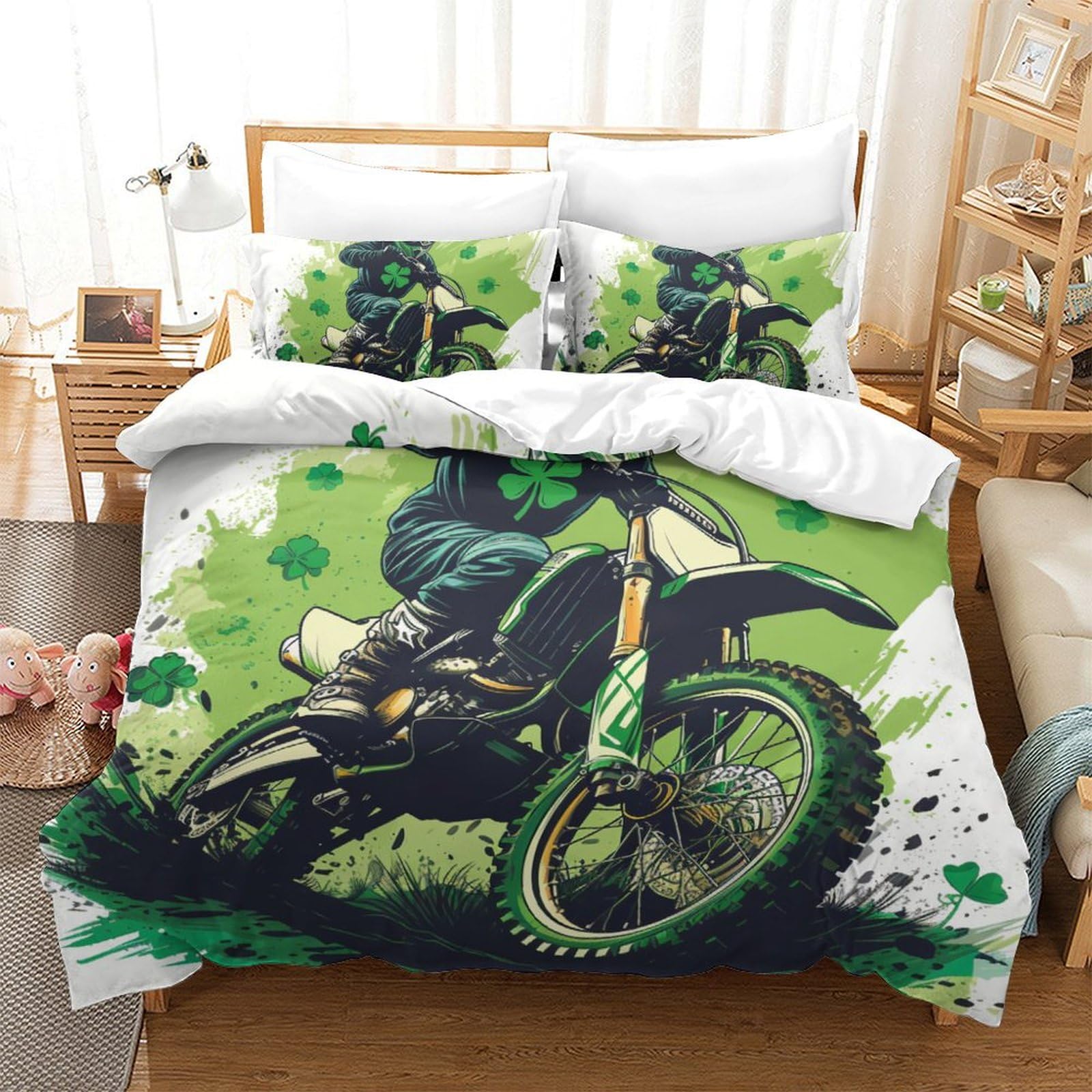 Housse de couette moto 220x240 cm avec taies d'oreiller lit king en microfibre