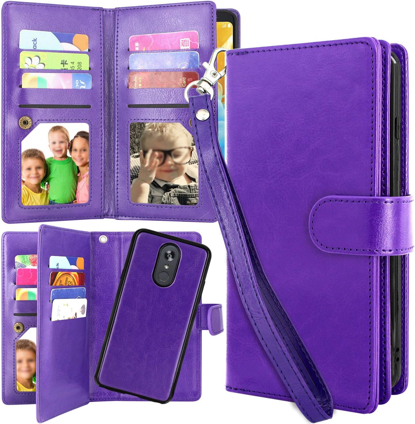 Harryshell Detachable Magnetic 12 Card Slots Wallet Case Shockproof PU Leather Flip Protective Cover Wrist Strap for LG Stylo 4 / Stylo 4 Plus/Q Stylus 2018 (Purple)