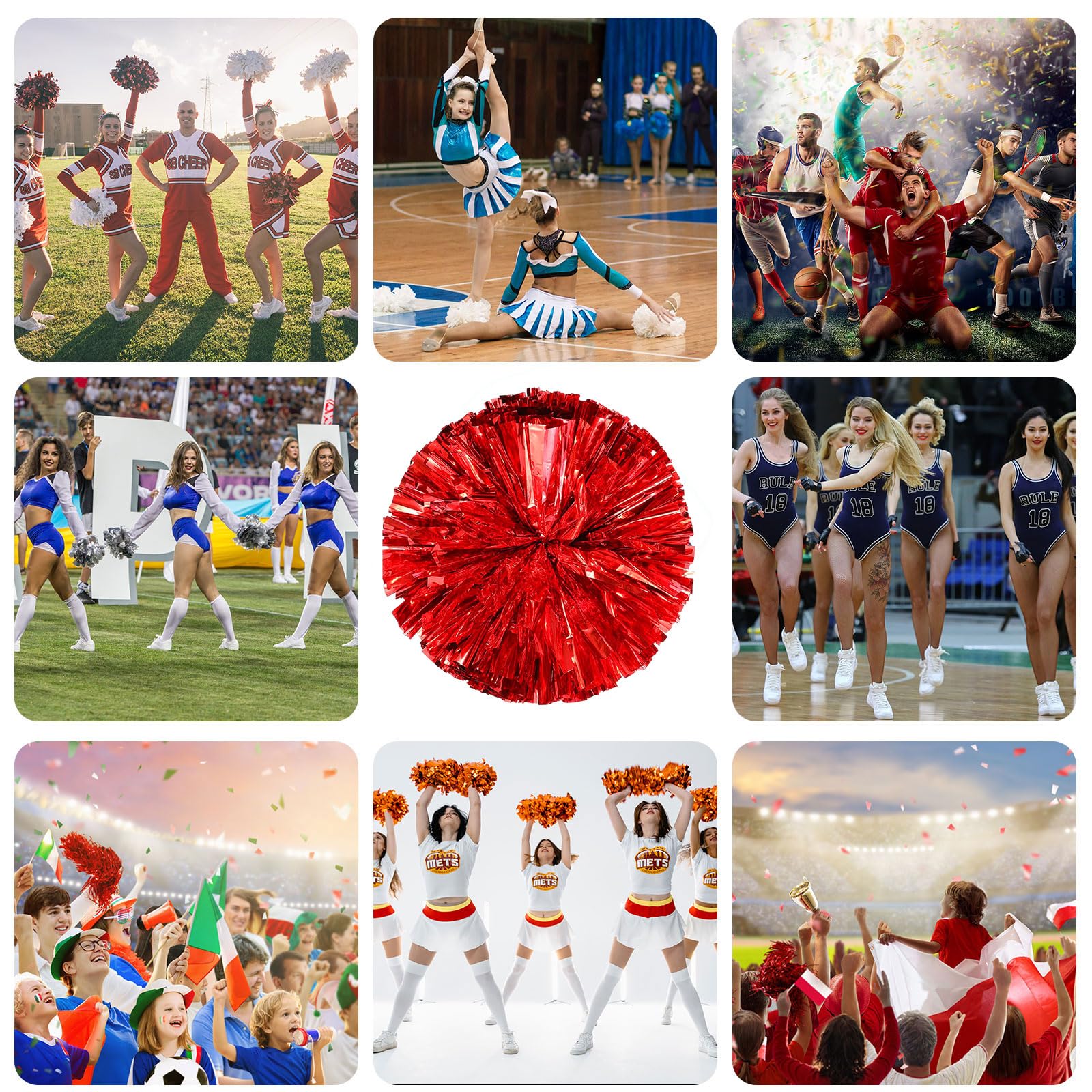 24 Pack pom pom pom cheerleading, pom pom da cheerleading Sports Dance Cheer Plastic Pom Poms Cheerleading for Sports Team Spirit (Rosso)