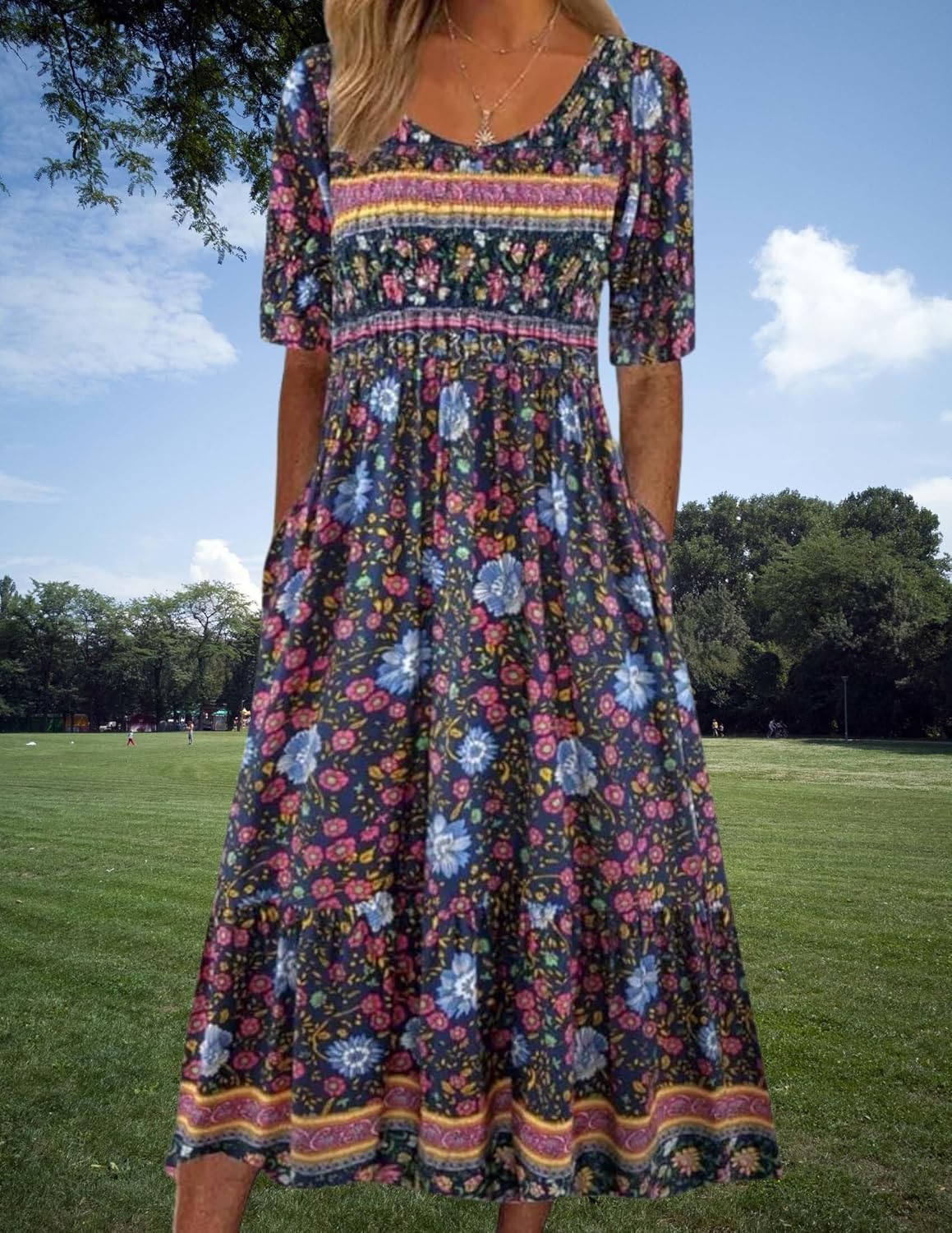 LIZALIG Women's Floral Half Sleeve Midi - Loose A Line Lightweight Casual Dress for Office Travel Weekend Date