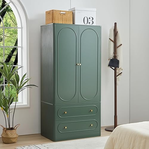 Fluted Freestanding Armoire Wardrobe Closet with 2 Doors and 2 Storage Drawers, Large Capacity Wardrobe Cabinet, Wooden Closet for Bedroom, Living Room - Green