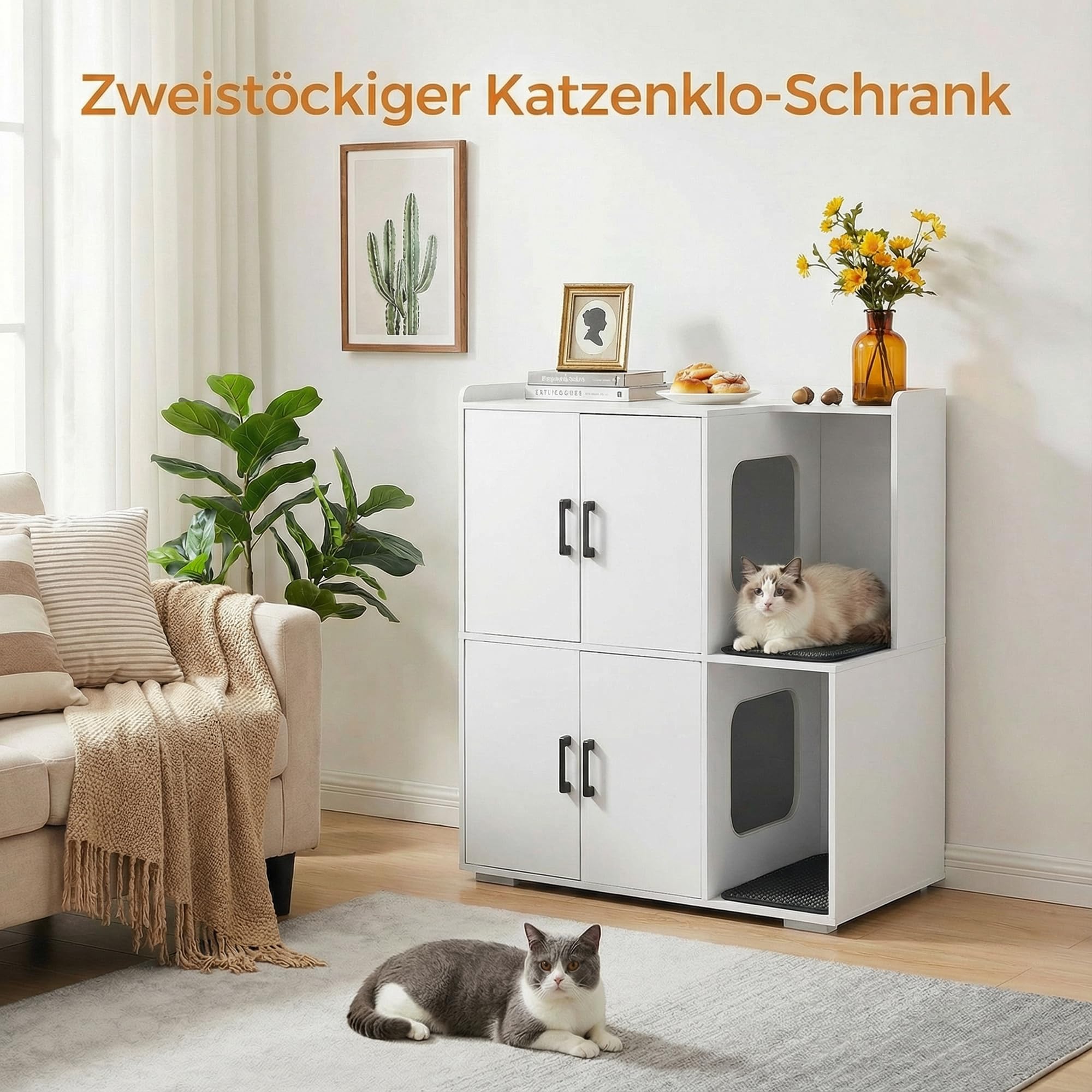 Katzenklo Schrank für 2 Katzen, Katzentoilette Schrank Zweistöckiger, Katzenklo Haus, Katzenhöhle Holz, mit Zwei Katzenstreu-Matten, 80 x 46.5 x 91.5 cm, Weiß