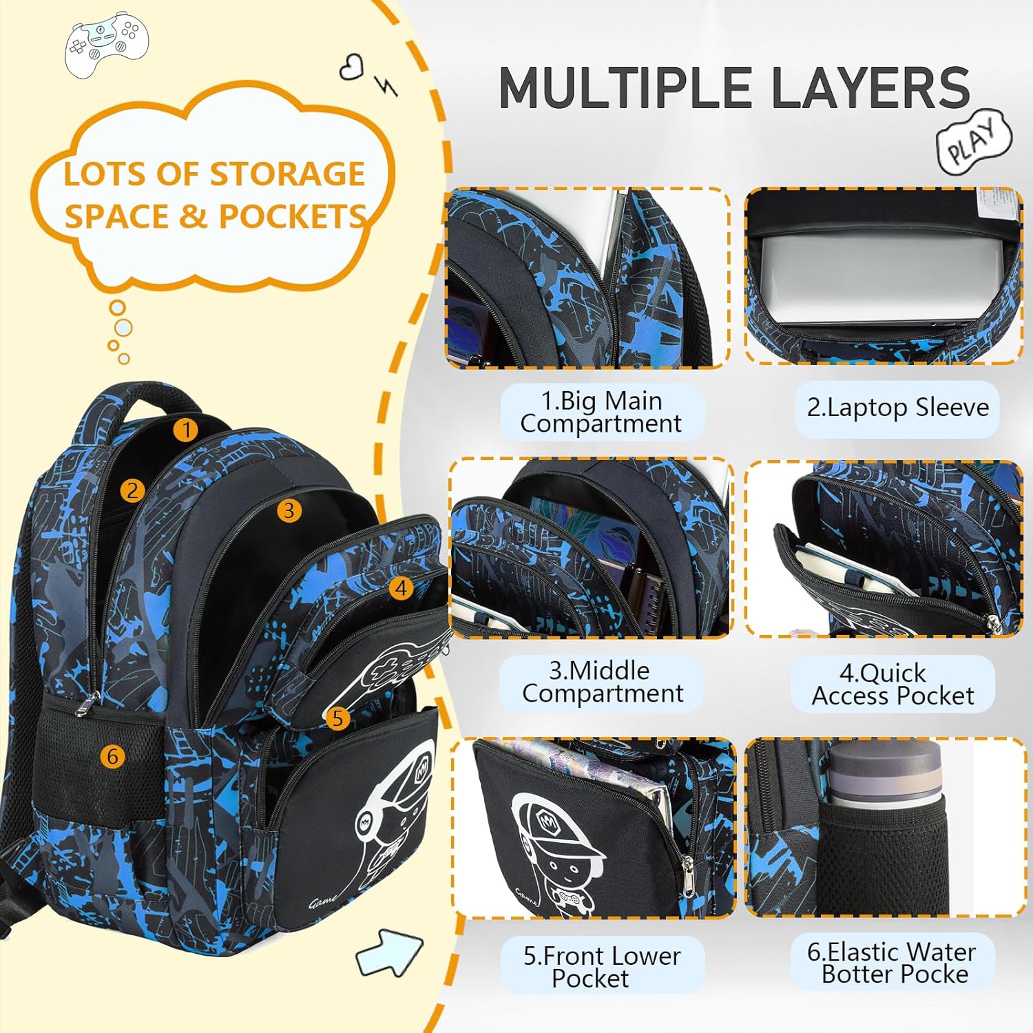 Boys Backpack with Lunch Box Glow in Dark Gamer Bookbag Kids Ages 4-12 Kindergarten Elementary Middle School Gaming Backpack, Luminous Game Boy Black Blue - Image 4