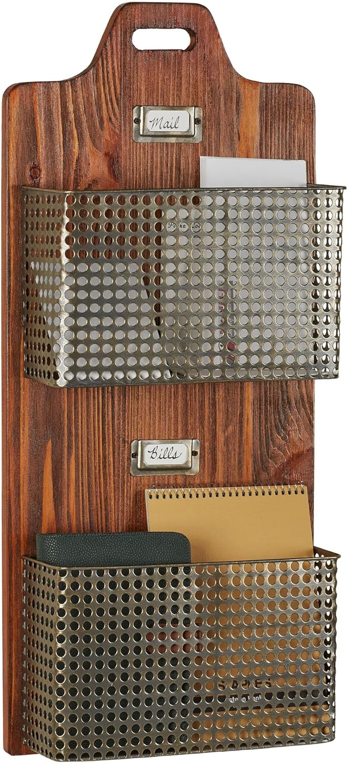 Sawyer Vertical Wall Organizer - Mission Red Oak - Handcrafted - Wooden Back, Metal Baskets - Vintage Hanging Organizer - Two Tier Basket for Mail, Paper, Letters - 24 Inches Wide Horizontal
