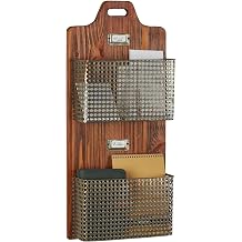 Sawyer Vertical Wall Organizer - Mission Red Oak - Handcrafted - Wooden Back, Metal Baskets - Vintage Hanging Organizer - Two Tier Basket for Mail, Paper, Letters - 26 Inches High Vertical