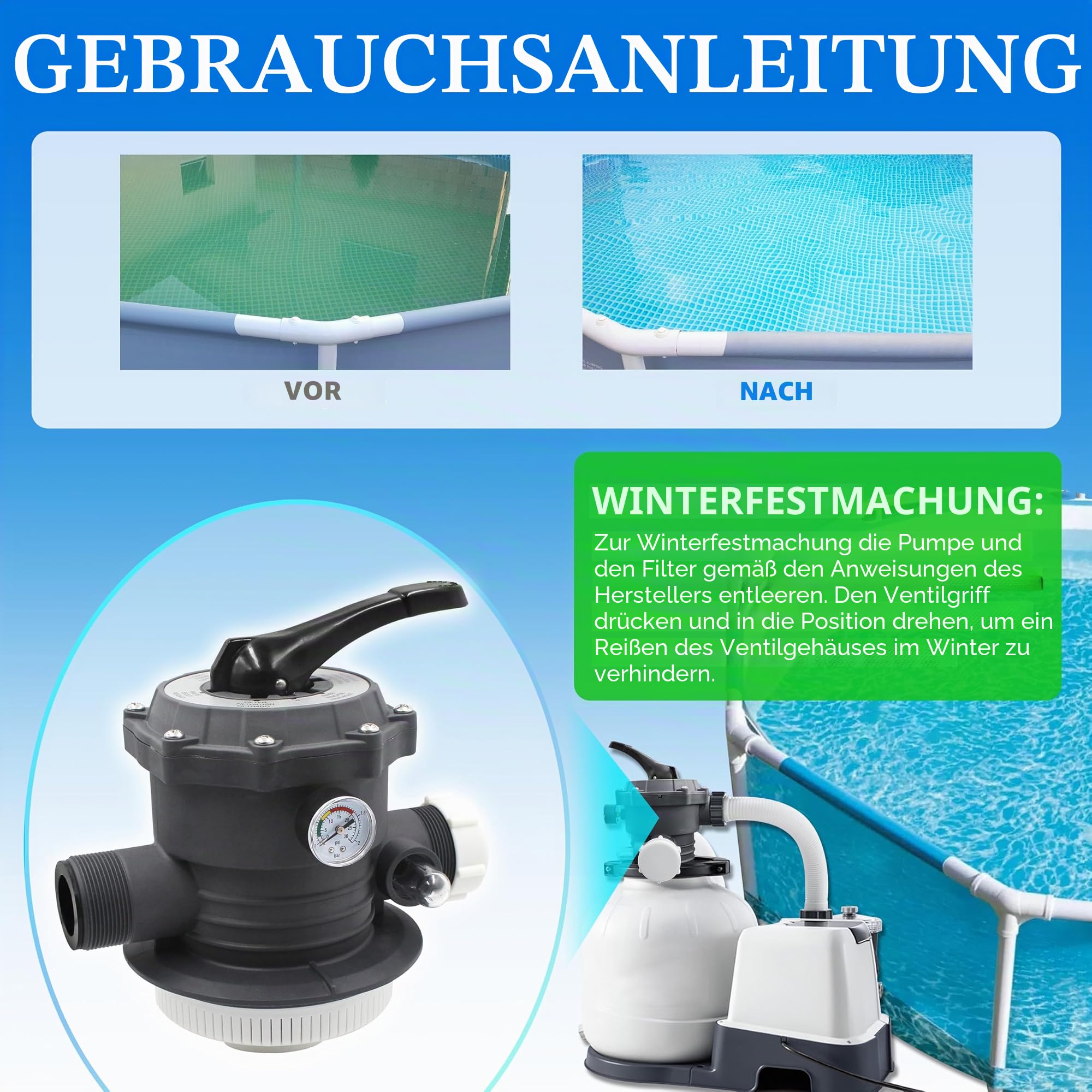 11378 6-Wege-Ventil Ersatz für Intex 12 Zoll Sandfilterpumpe | Kompatibel mit QX2100 Sandfilterpumpe 26645EG, einteiliger Griff, 6 Funktionen, mit O-Ring & Manometer, Rohr kleine Bohrung
