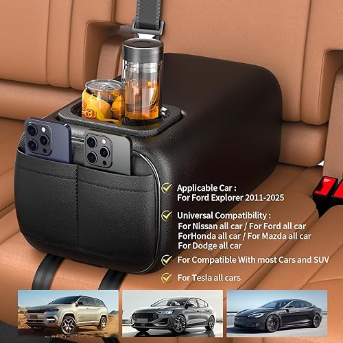 Miniatura 3 de Reposabrazos para asiento trasero de automóvil, caja de consola de 2 filas con portavasos, reposabrazos universal, reposabrazos trasero, caja de