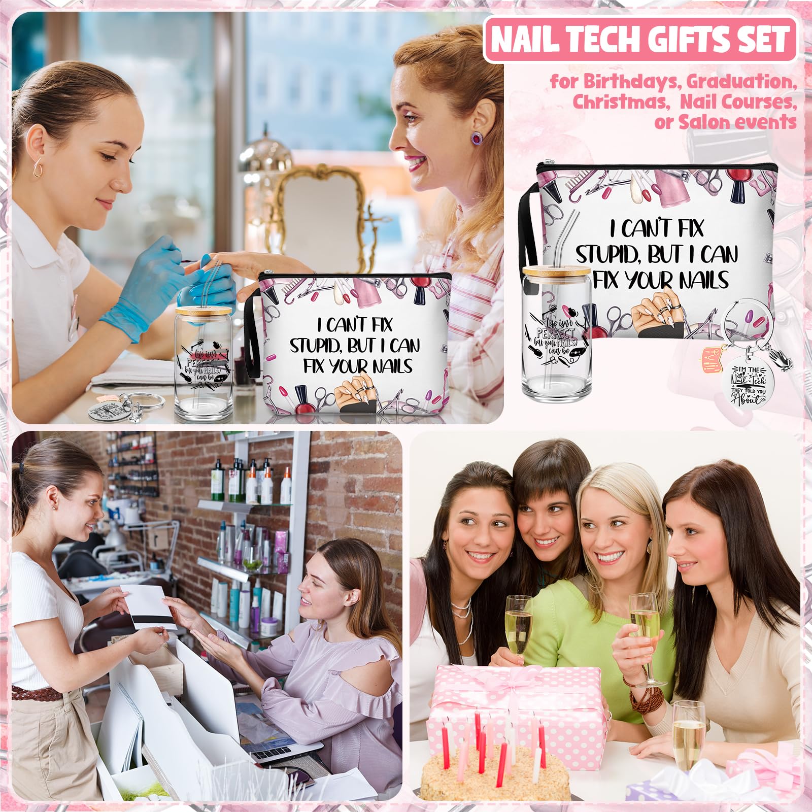 Shinylin 3 Pcs Nail Tech Gifts Set for Women 1 Glass Tumbler with Lids and Straw 1 Travel Makeup Bag 1 Novelty Keychain Manicurist Gifts for Birthday Graduation