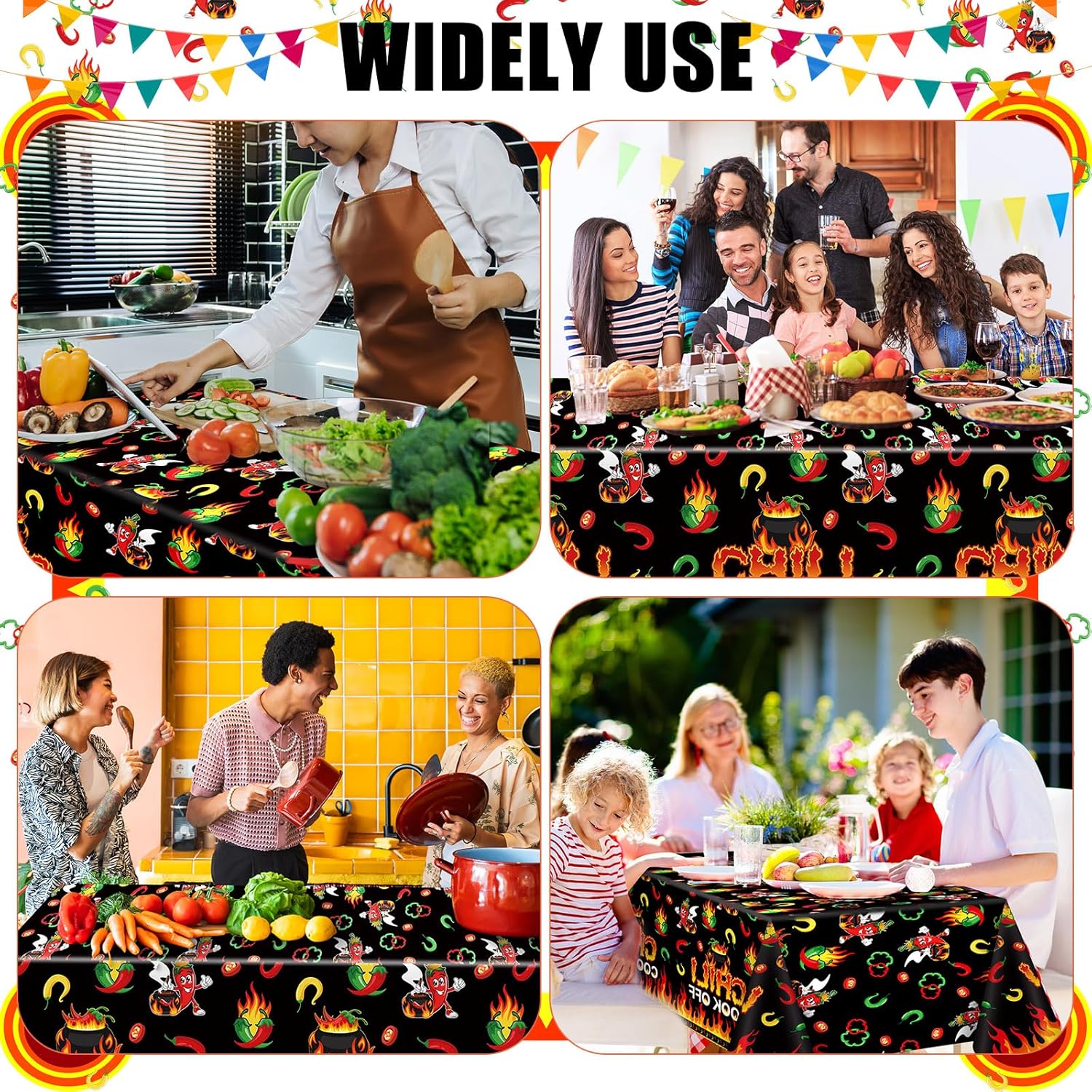 Oudain 3 Pcs Chili Cook Off Disposable Tablecloth 108" x 54" Plastic Pepper Flame Table Covers Cooking Party Table Cloth for Chili Cook Off Prizes Contest Party Supplies(Black) - Image 6