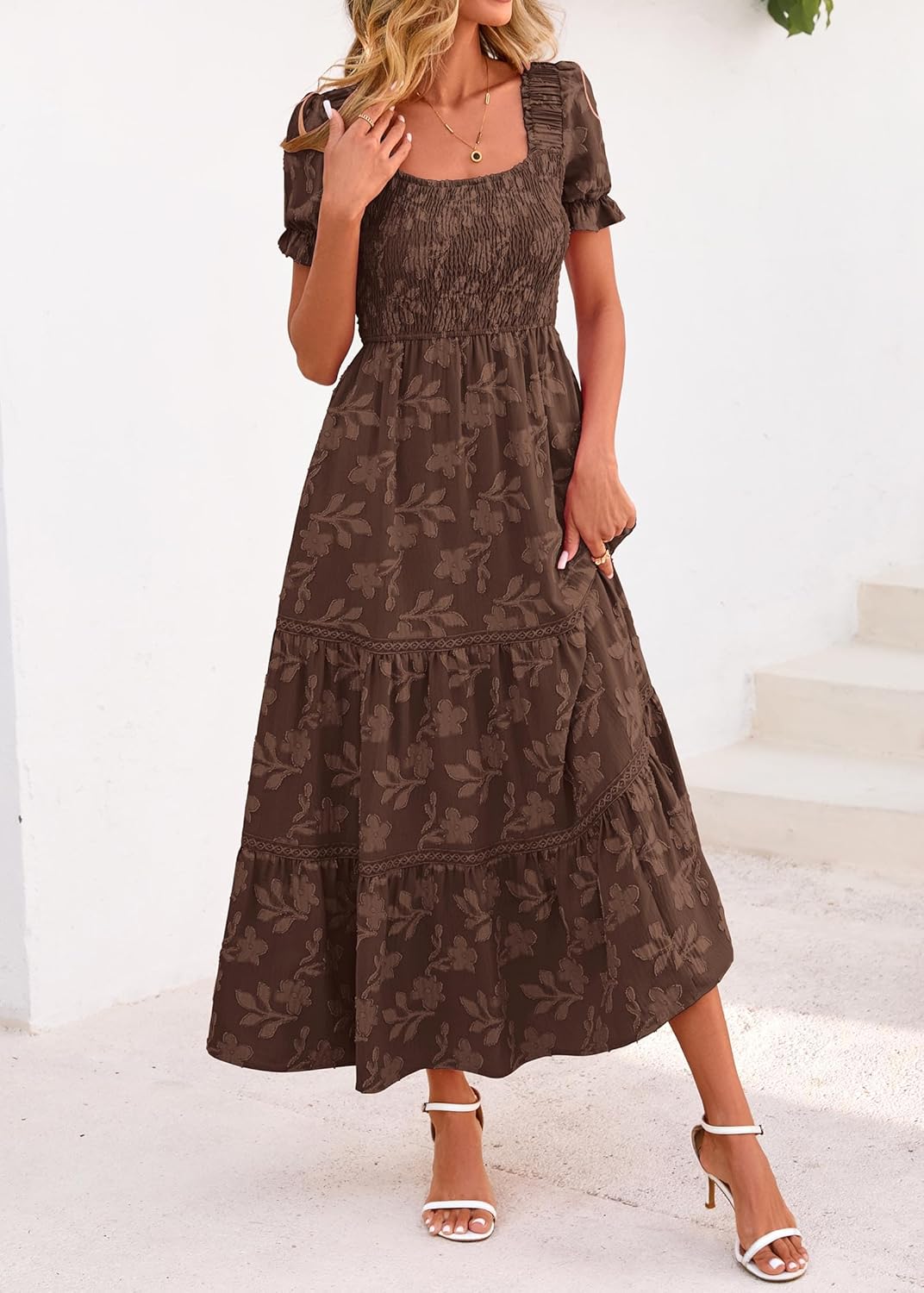 Lazysmile Women's Summer Boho Floral Maxi Dress Short Sleeve Square Neck Smocked Ruffle Elegant Wedding Guest Dress - Image 6