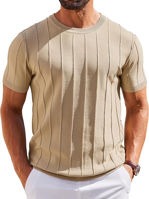 COOFANDY Herren T-Shirt Kurzarm Original Strick Shirt mit Rundhals Sommer Shirt Casual Gestreiftes Strickshirt