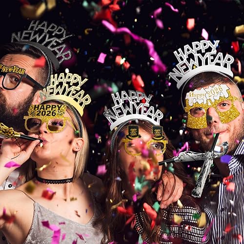 Miniatura 5 de 144 piezas de suministros para fiesta de Año Nuevo 2026, incluyen diadema de feliz año nuevo, gafas largas y cortas con flecos, para regalos de