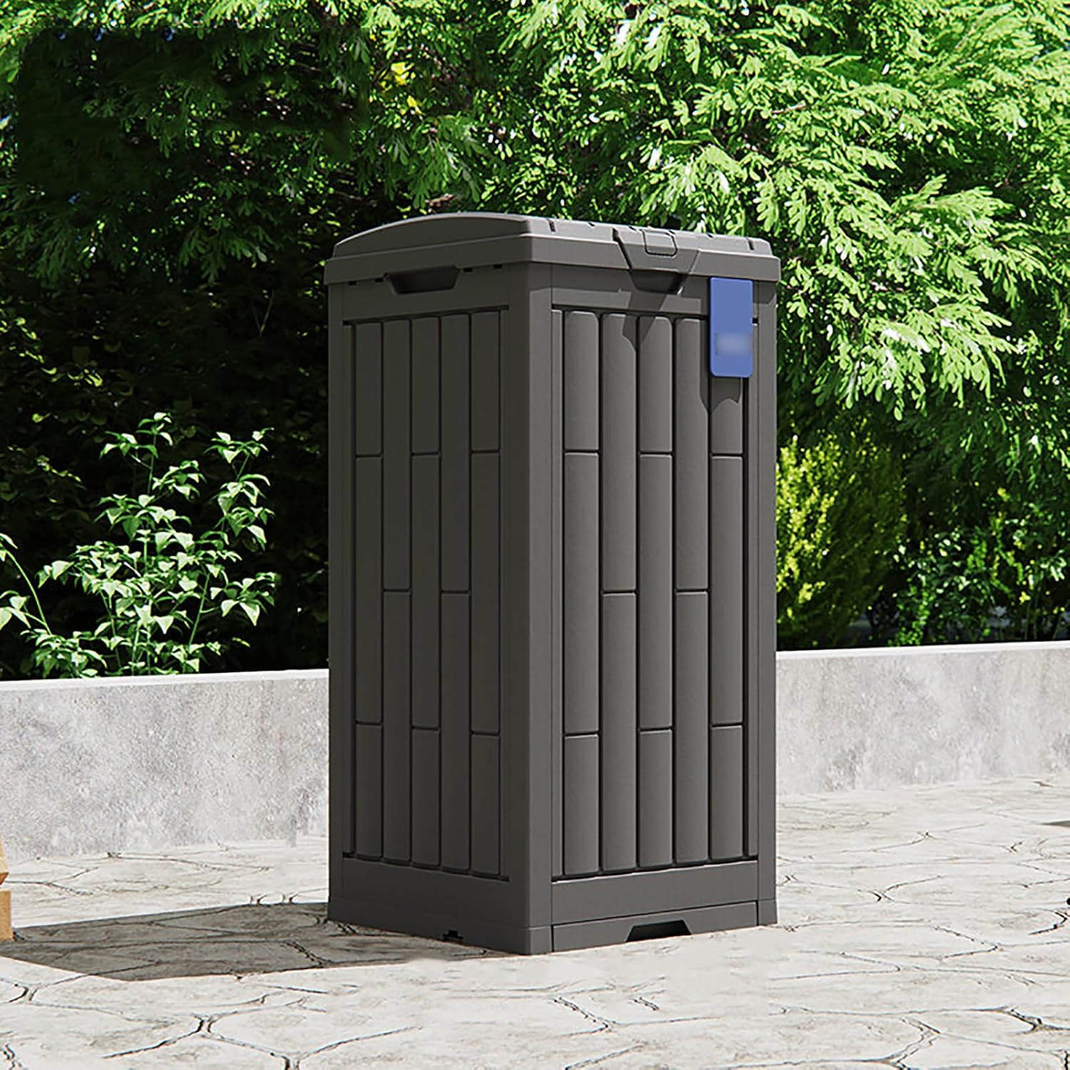 Outdoor Trash Can with Lid & Handle, Commercial Garbage Bin Large Capacity Waste Container, Plastic Garbage Can with Removable Bottom Tray for Patio, Backyard, Pool
