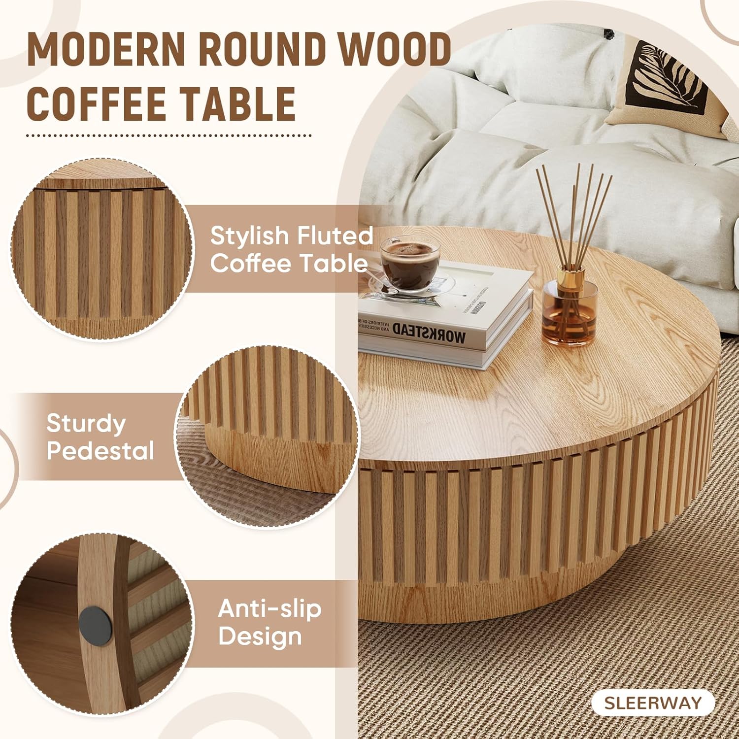 39.37'' Round Coffee Table with Storage, Modern Wooden Fluted Circle Coffee Table Oak Unique Drum Center Table Wood Circular Tea Table for Living Room, Office, Small Apartment, Natural Wood