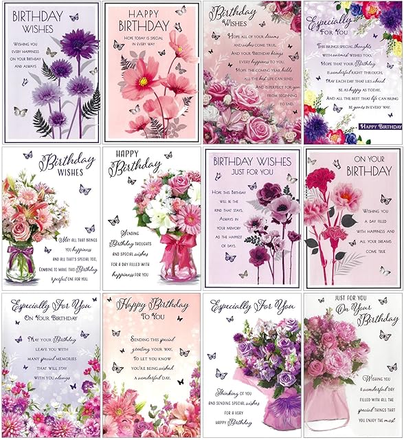 12 x Birthday Cards Multi Pack Various - Female Ladies Women Flowers Loving Verse PH12C